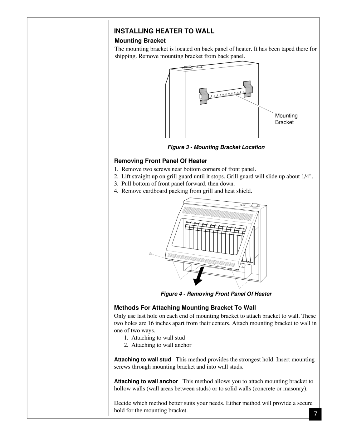 Desa VGP30 installation manual Installing Heater to Wall, Mounting Bracket, Removing Front Panel Of Heater 