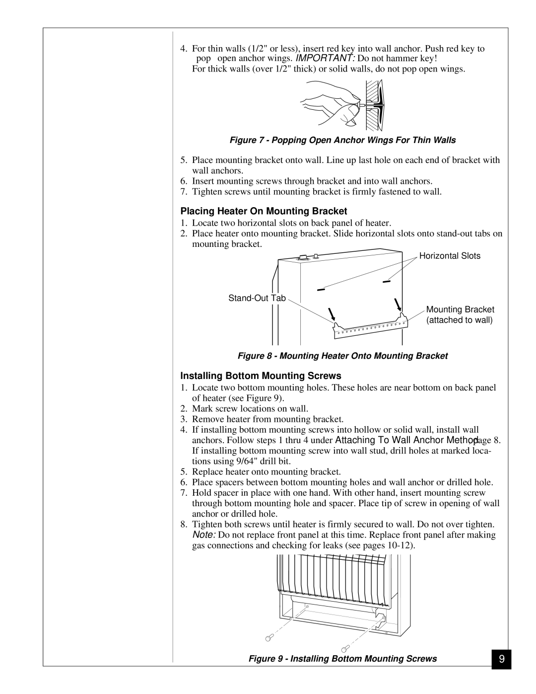 Desa VGP30 installation manual Placing Heater On Mounting Bracket, Installing Bottom Mounting Screws 