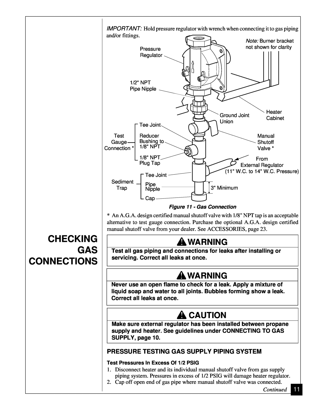 Desa VGP30 installation manual Checking Gas Connections, Pressure Testing Gas Supply Piping System 