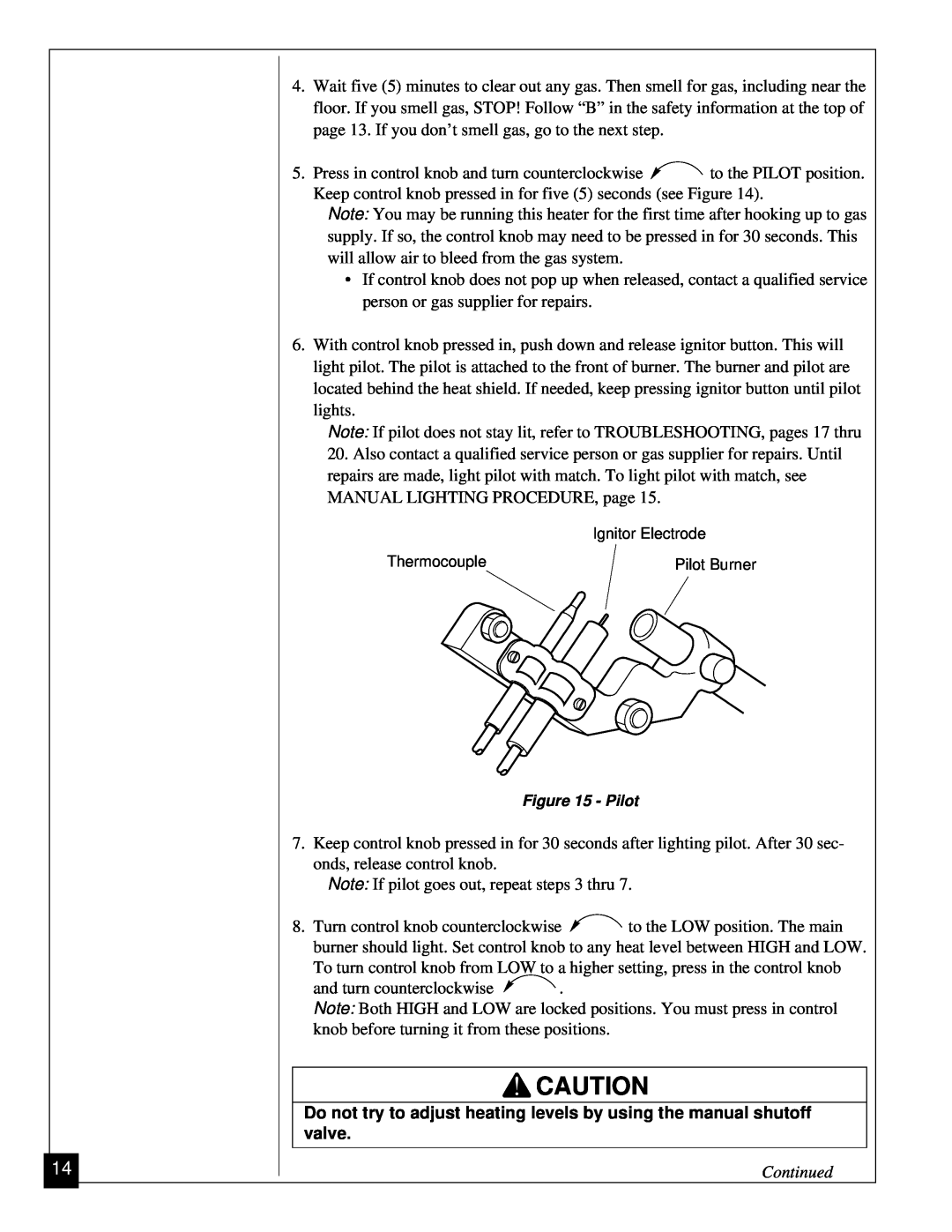 Desa VGP30 installation manual Note If pilot goes out, repeat steps 3 thru, Continued 