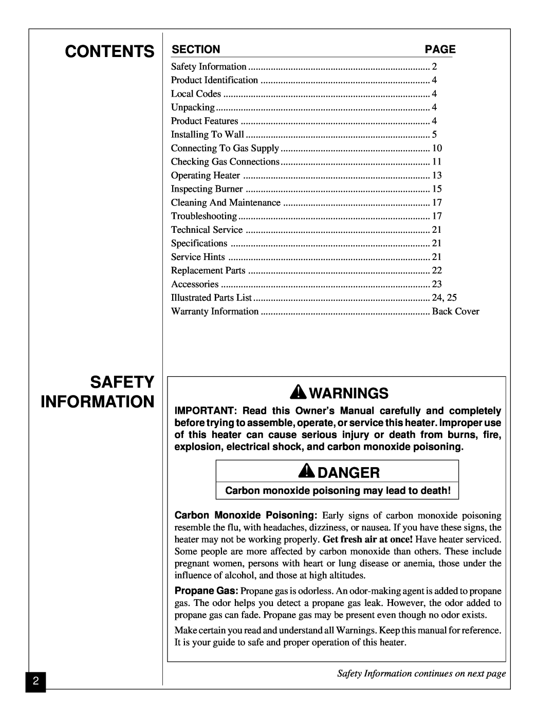 Desa VGP30 installation manual Contents Safety Information, Warnings, Danger, Safety Information continues on next page 
