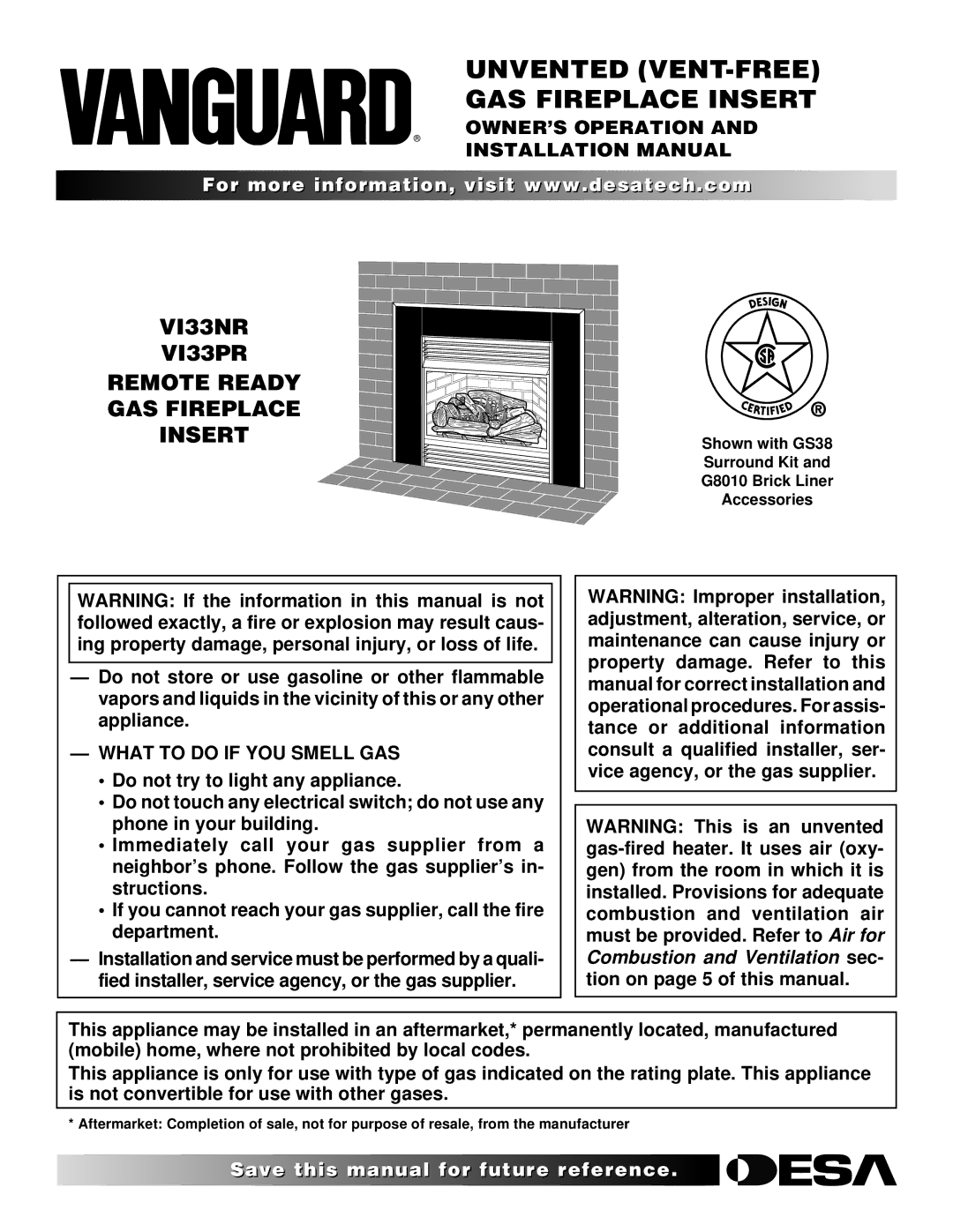 Desa VI33NR VI33PR installation manual Unvented VENT-FREE GAS Fireplace Insert, OWNER’S Operation Installation Manual 