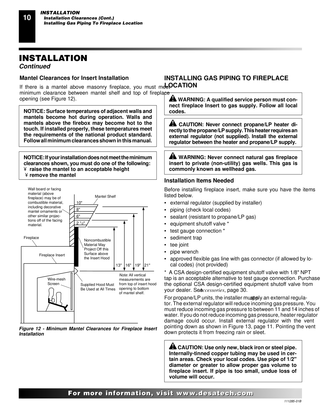 Desa VI33NR VI33PR Installing GAS Piping to Fireplace Location, Mantel Clearances for Insert Installation 