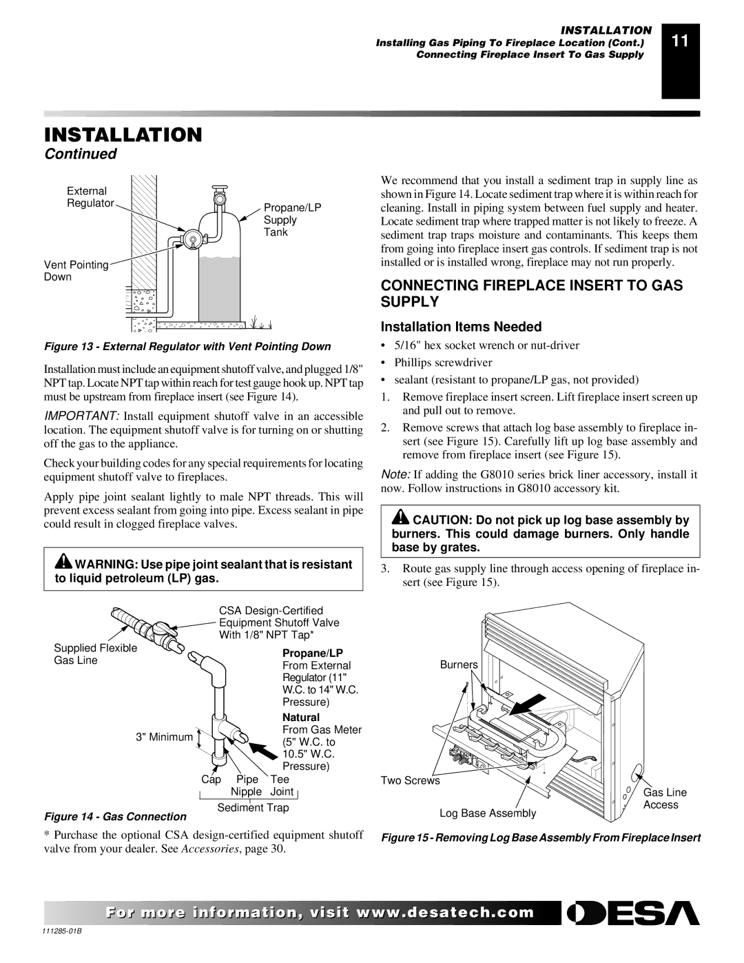 Desa VI33NR VI33PR installation manual Connecting Fireplace Insert to GAS Supply, Vent Pointing Down 