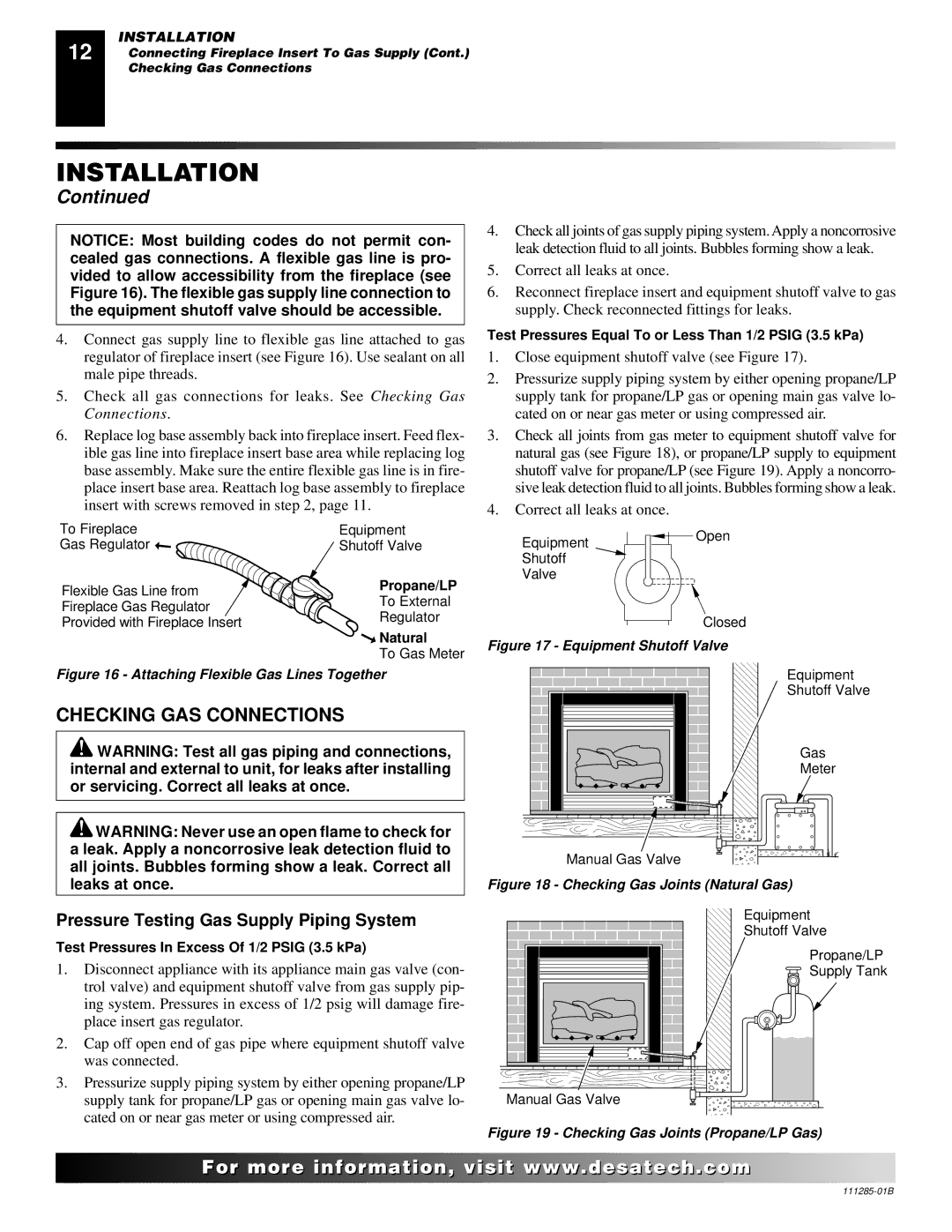 Desa VI33NR VI33PR installation manual Checking GAS Connections, Pressure Testing Gas Supply Piping System 