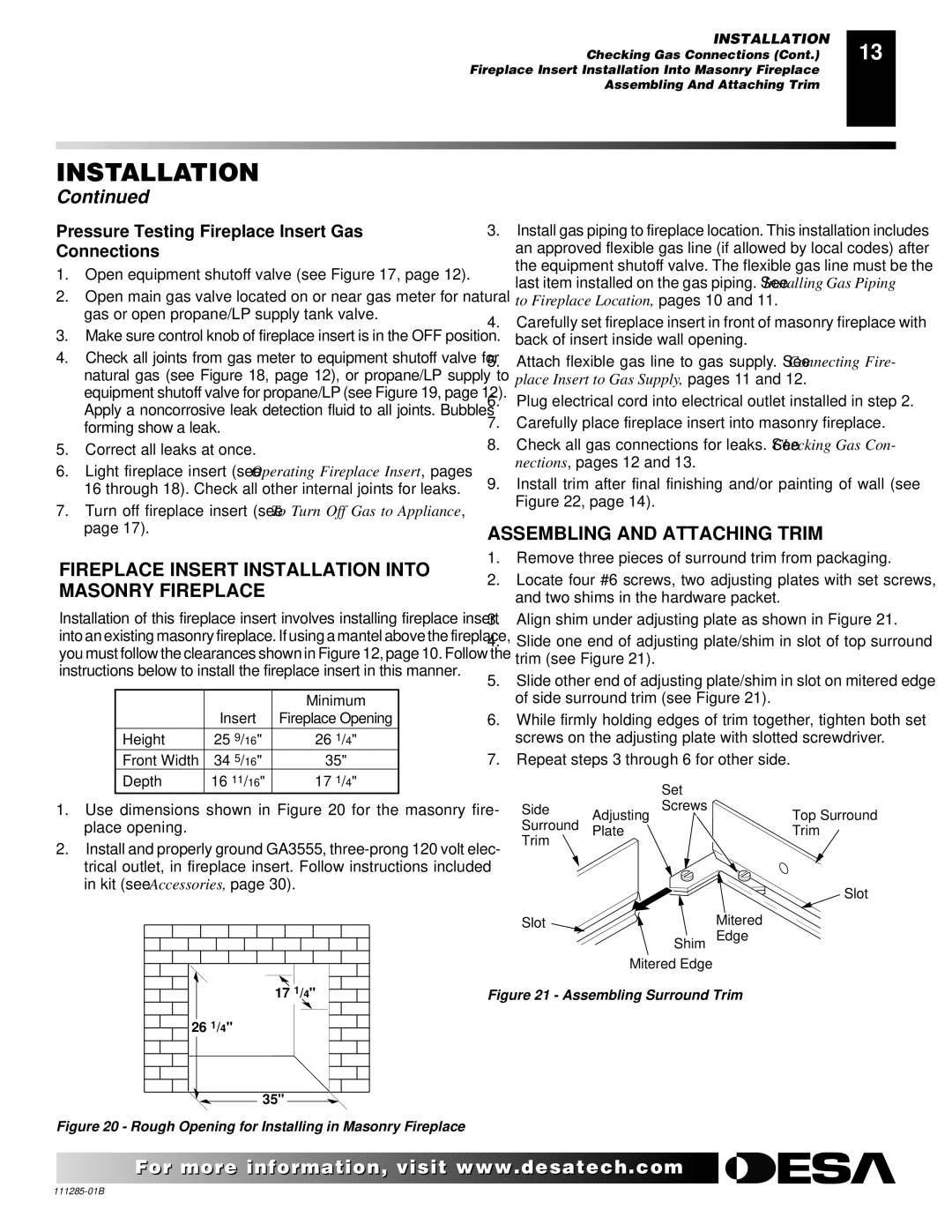 Desa VI33NR VI33PR installation manual Fireplace Insert Installation Into Masonry Fireplace, Assembling and Attaching Trim 