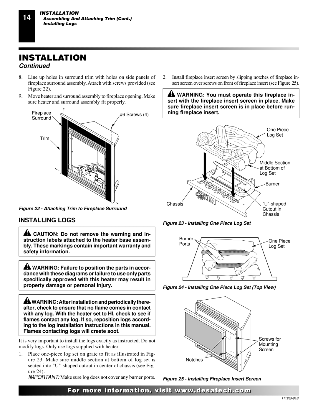 Desa VI33NR VI33PR installation manual Installing Logs, Attaching Trim to Fireplace Surround 