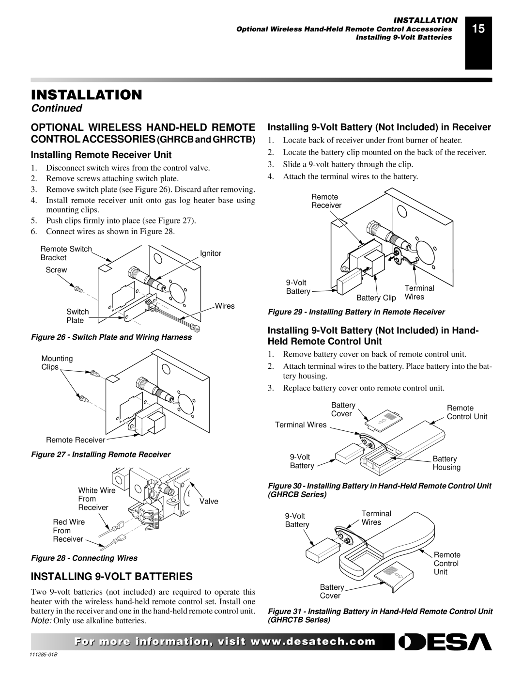 Desa VI33NR VI33PR installation manual Installing 9-VOLT Batteries, Installing 9-Volt Battery Not Included in Receiver 