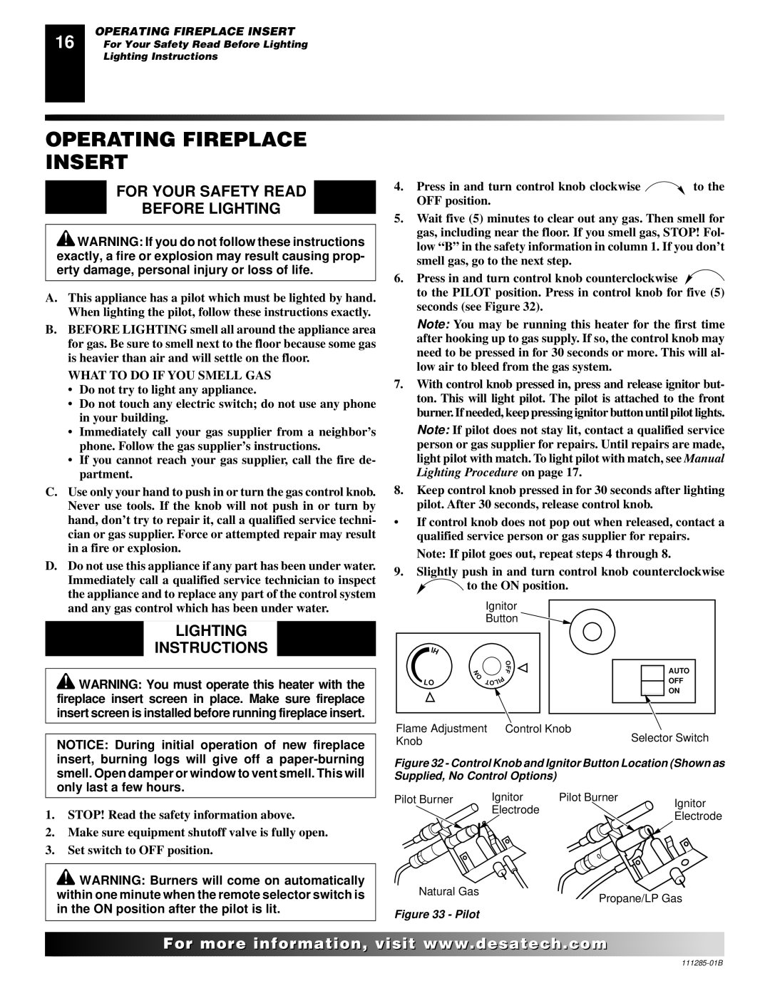 Desa VI33NR VI33PR Operating Fireplace Insert, For Your Safety Read Before Lighting, Lighting Instructions 