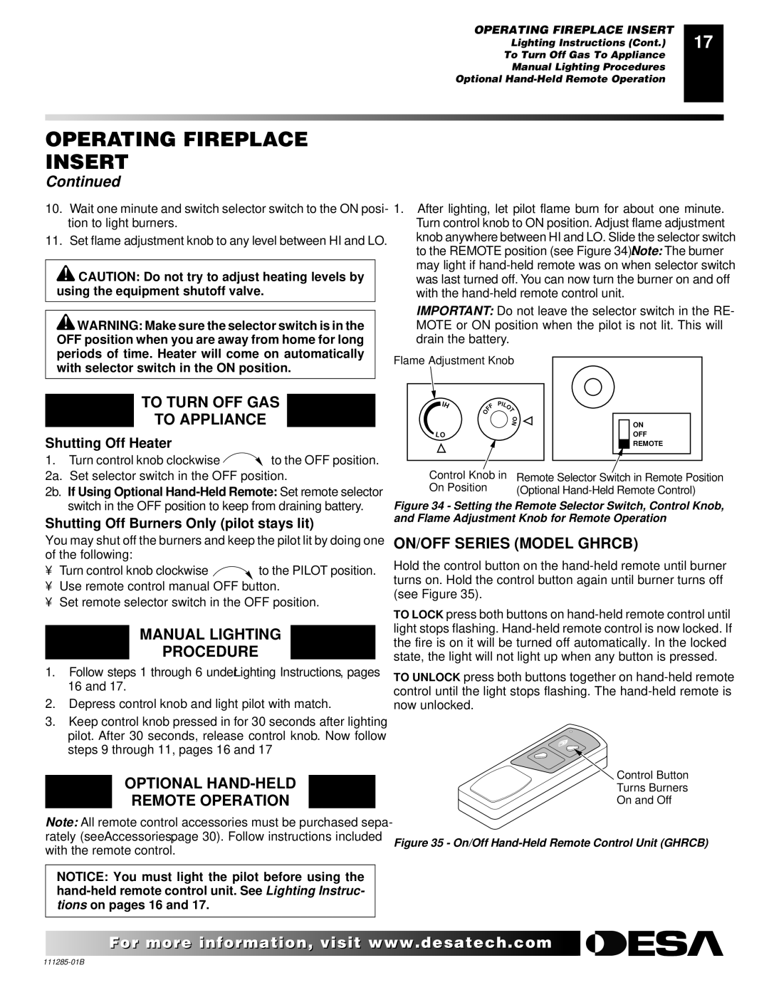 Desa VI33NR VI33PR To Turn OFF GAS To Appliance, Manual Lighting Procedure, Optional HAND-HELD Remote Operation 