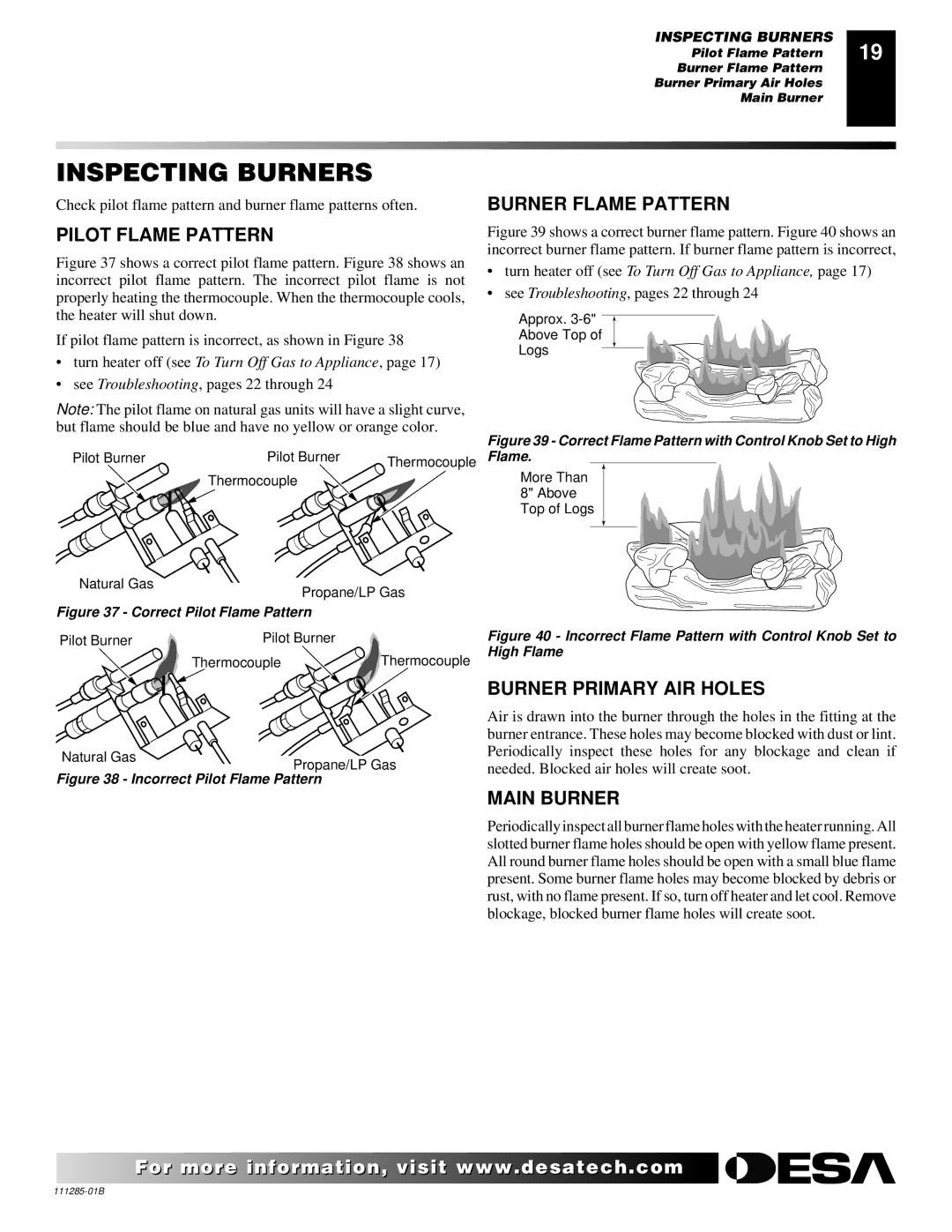 Desa VI33NR VI33PR Inspecting Burners, Pilot Flame Pattern, Burner Flame Pattern, Burner Primary AIR Holes, Main Burner 