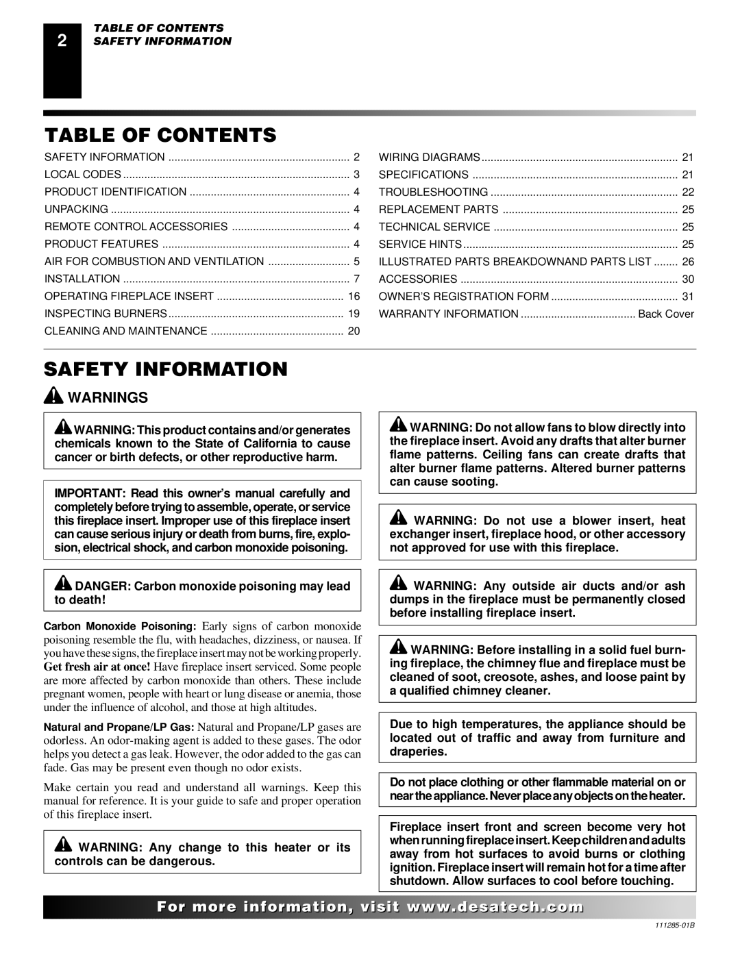 Desa VI33NR VI33PR installation manual Table of Contents, Safety Information 