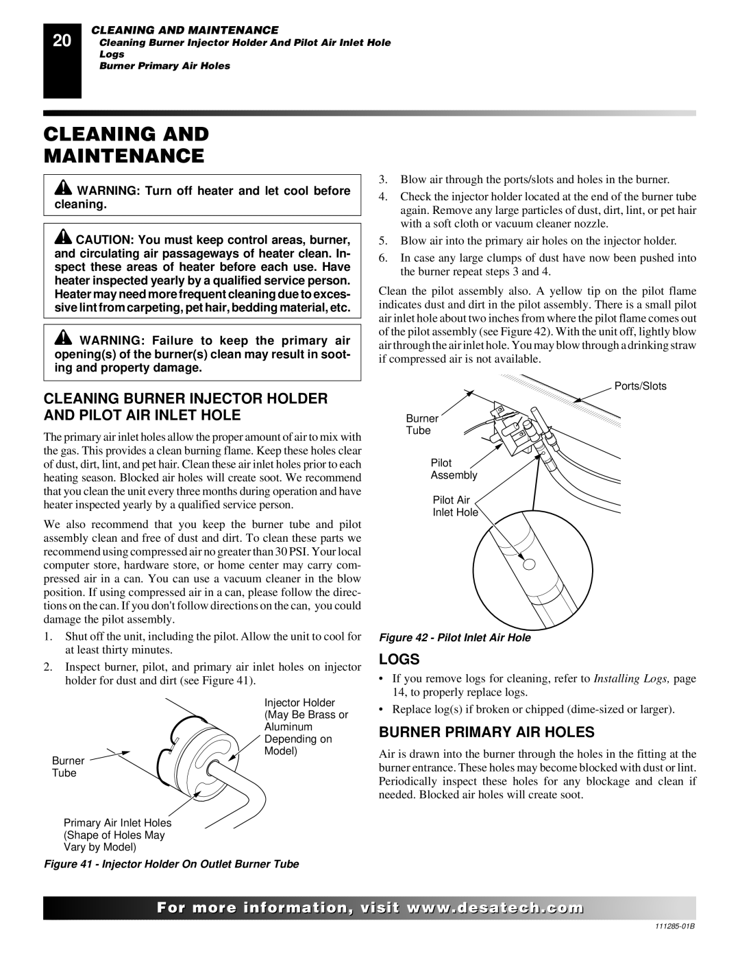 Desa VI33NR VI33PR installation manual Cleaning Maintenance, Cleaning Burner Injector Holder and Pilot AIR Inlet Hole, Logs 