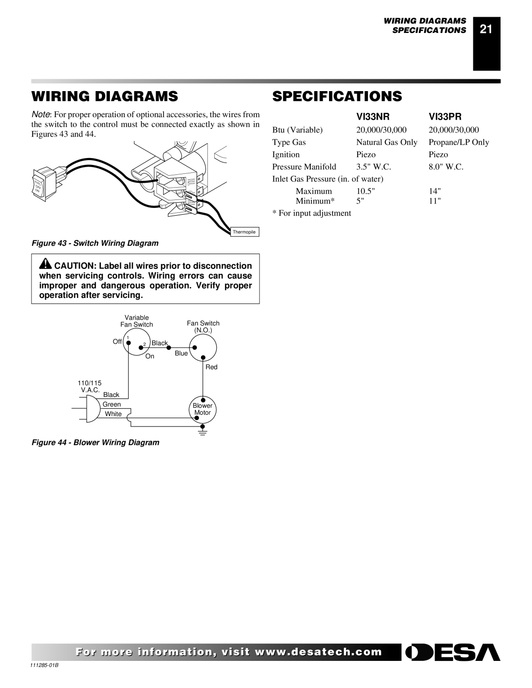 Desa VI33NR VI33PR installation manual Wiring Diagrams, Specifications 