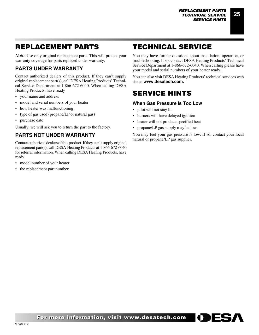 Desa VI33NR VI33PR Replacement Parts, Technical Service, Service Hints, Parts Under Warranty, Parts not Under Warranty 