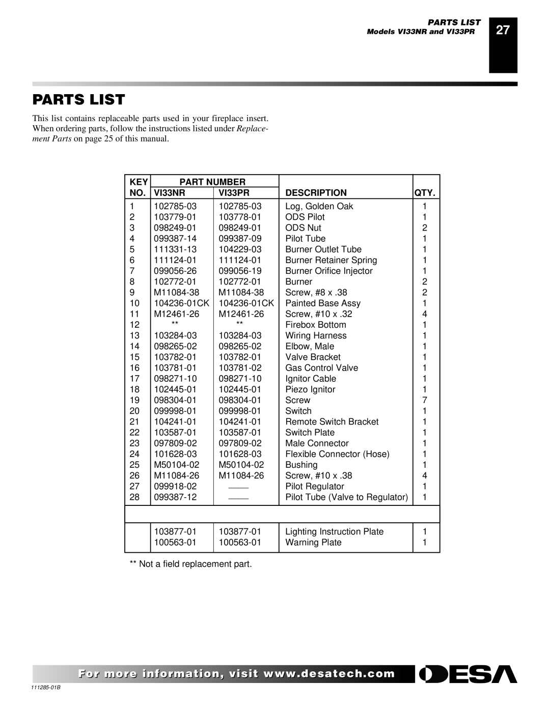 Desa installation manual Parts List, KEY Part Number VI33NR VI33PR Description QTY 