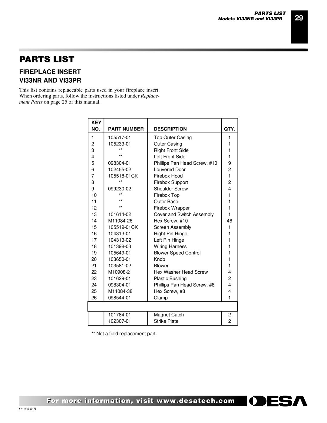 Desa VI33NR VI33PR installation manual KEY Part Number Description QTY 