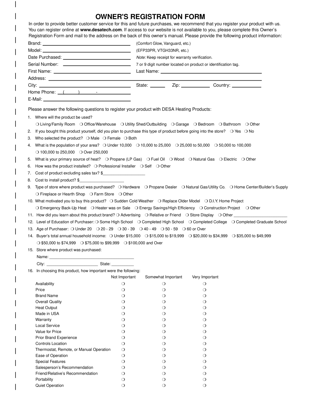 Desa VI33NR VI33PR installation manual Owners Registration Form 