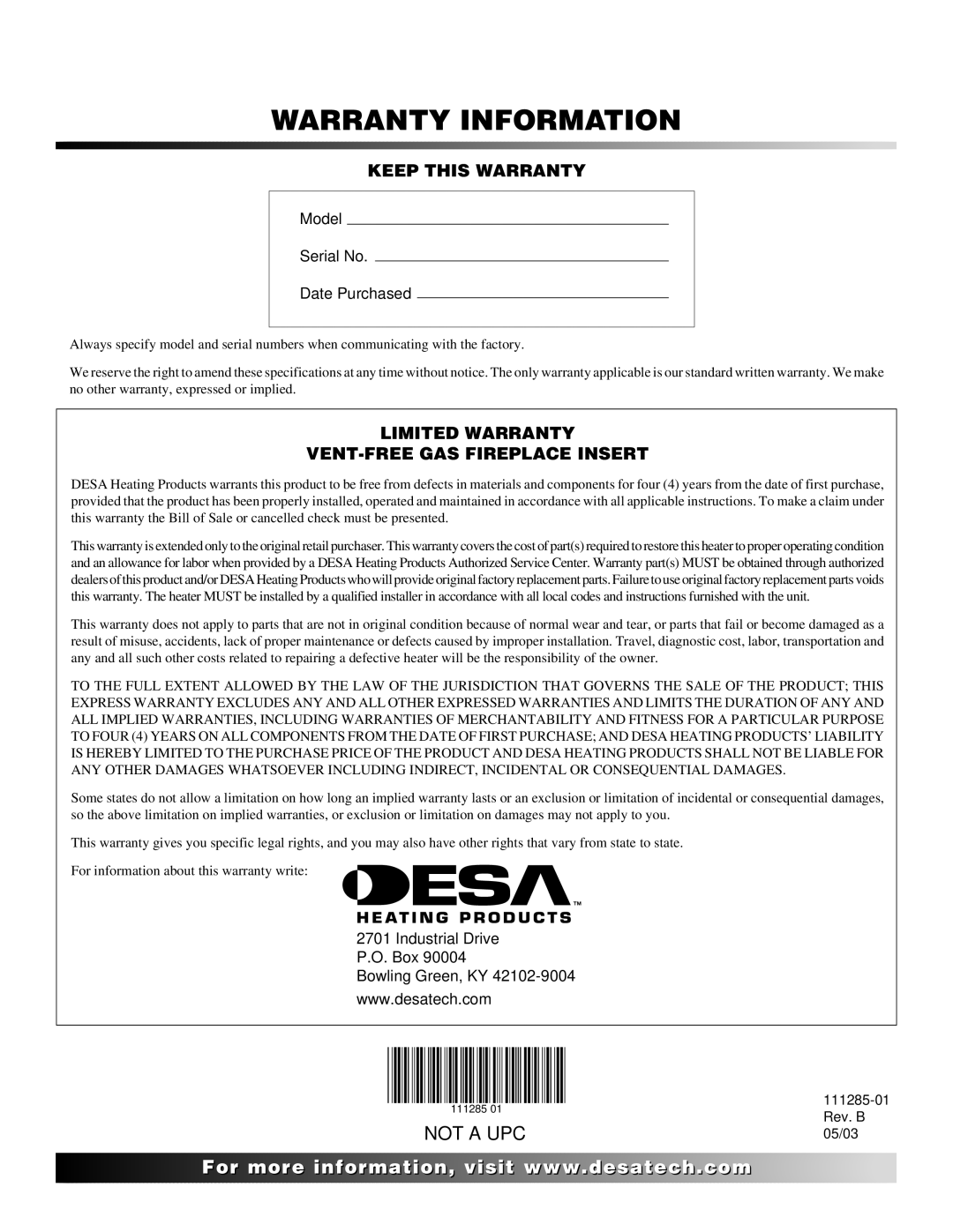 Desa VI33NR VI33PR installation manual Warranty Information 