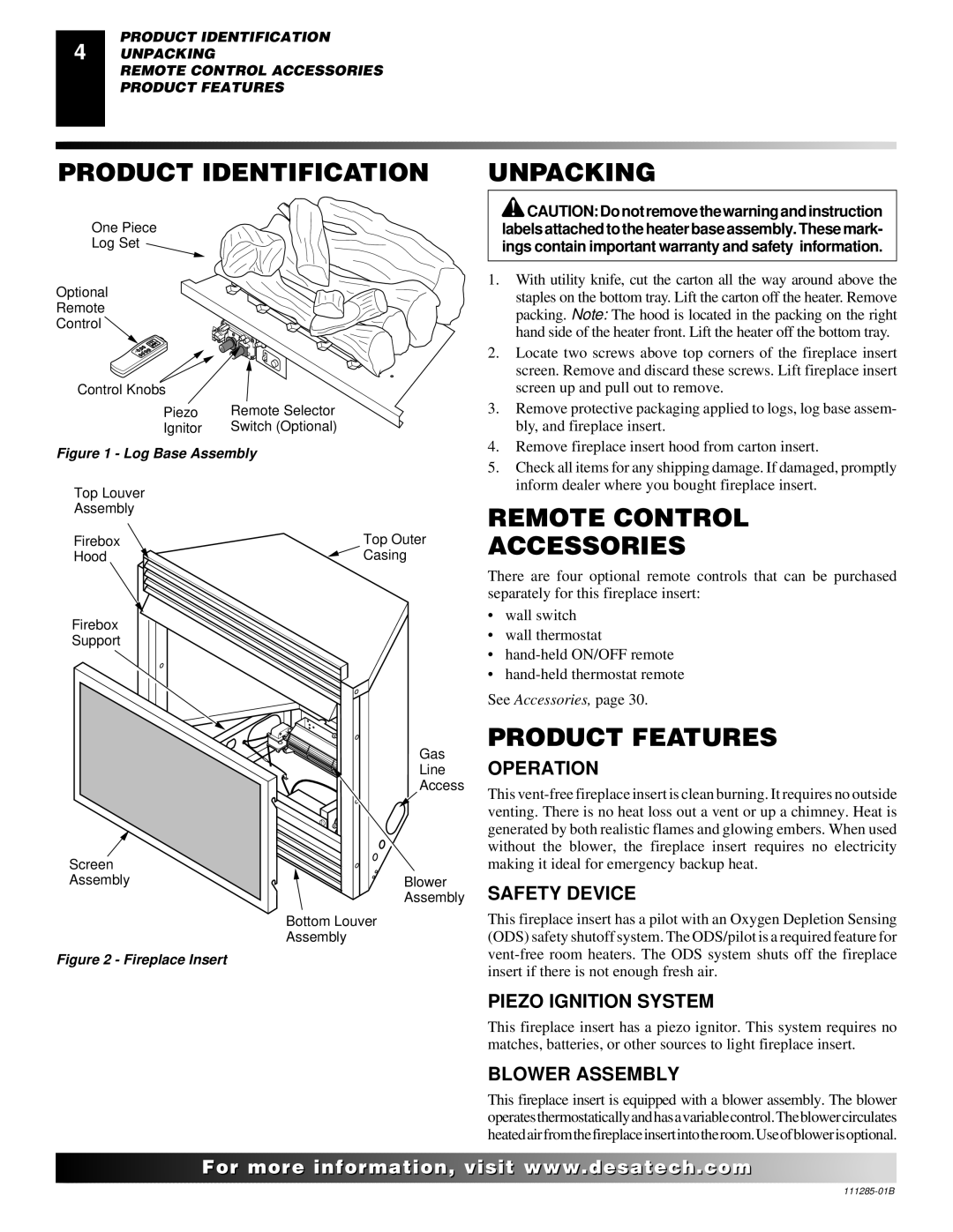 Desa VI33NR VI33PR installation manual Product Identification, Unpacking, Remote Control Accessories, Product Features 