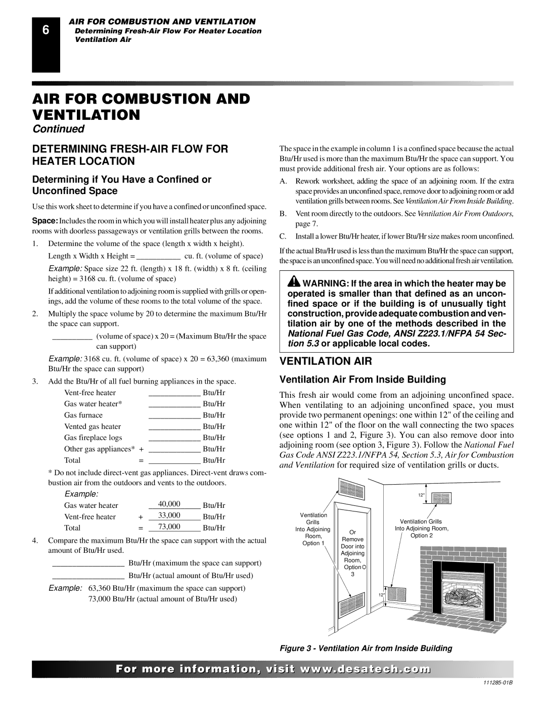 Desa VI33NR VI33PR Determining FRESH-AIR Flow for Heater Location, Ventilation AIR, Ventilation Air From Inside Building 