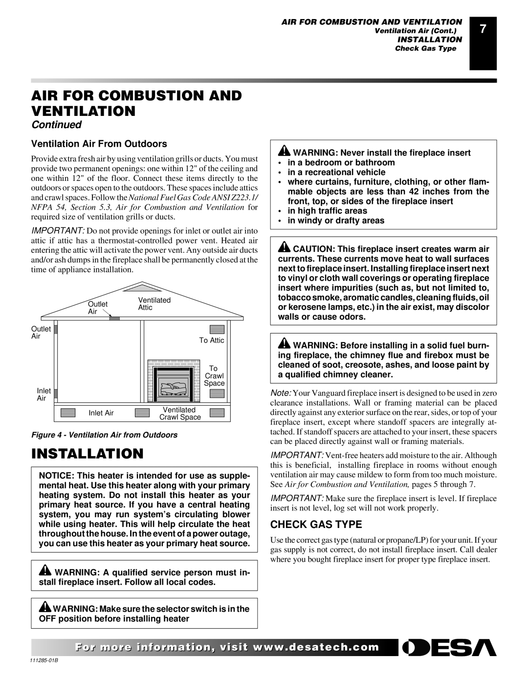 Desa VI33NR VI33PR installation manual Installation, Check GAS Type, Ventilation Air From Outdoors 