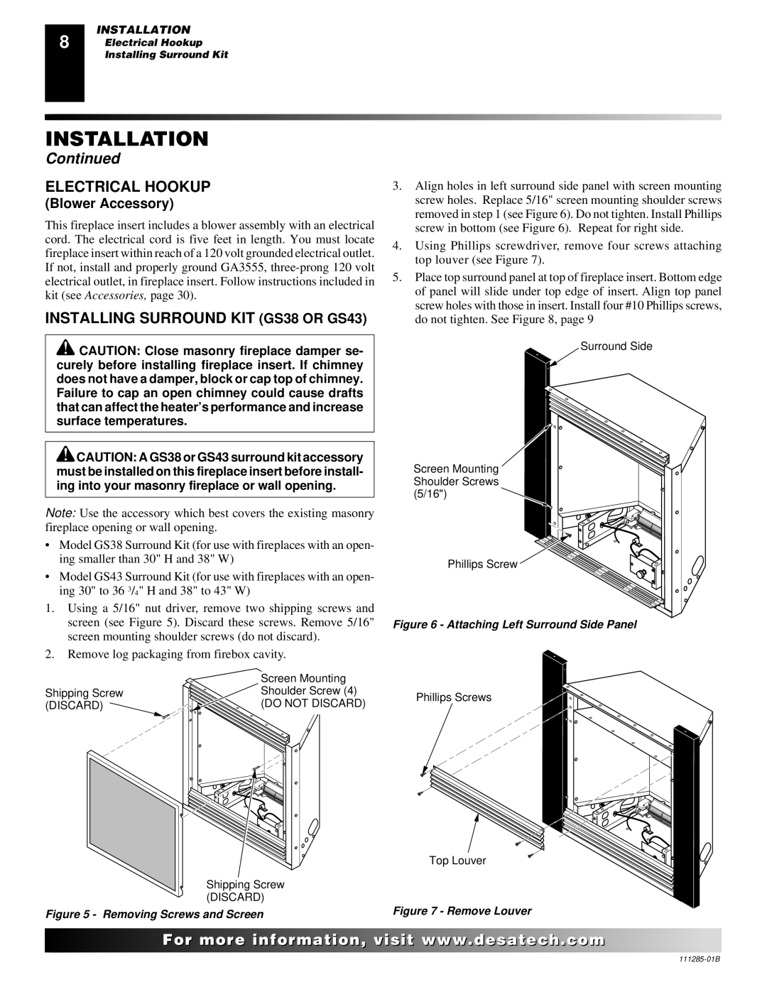 Desa VI33NR VI33PR installation manual Electrical Hookup, Installing Surround KIT GS38 or GS43, Blower Accessory 