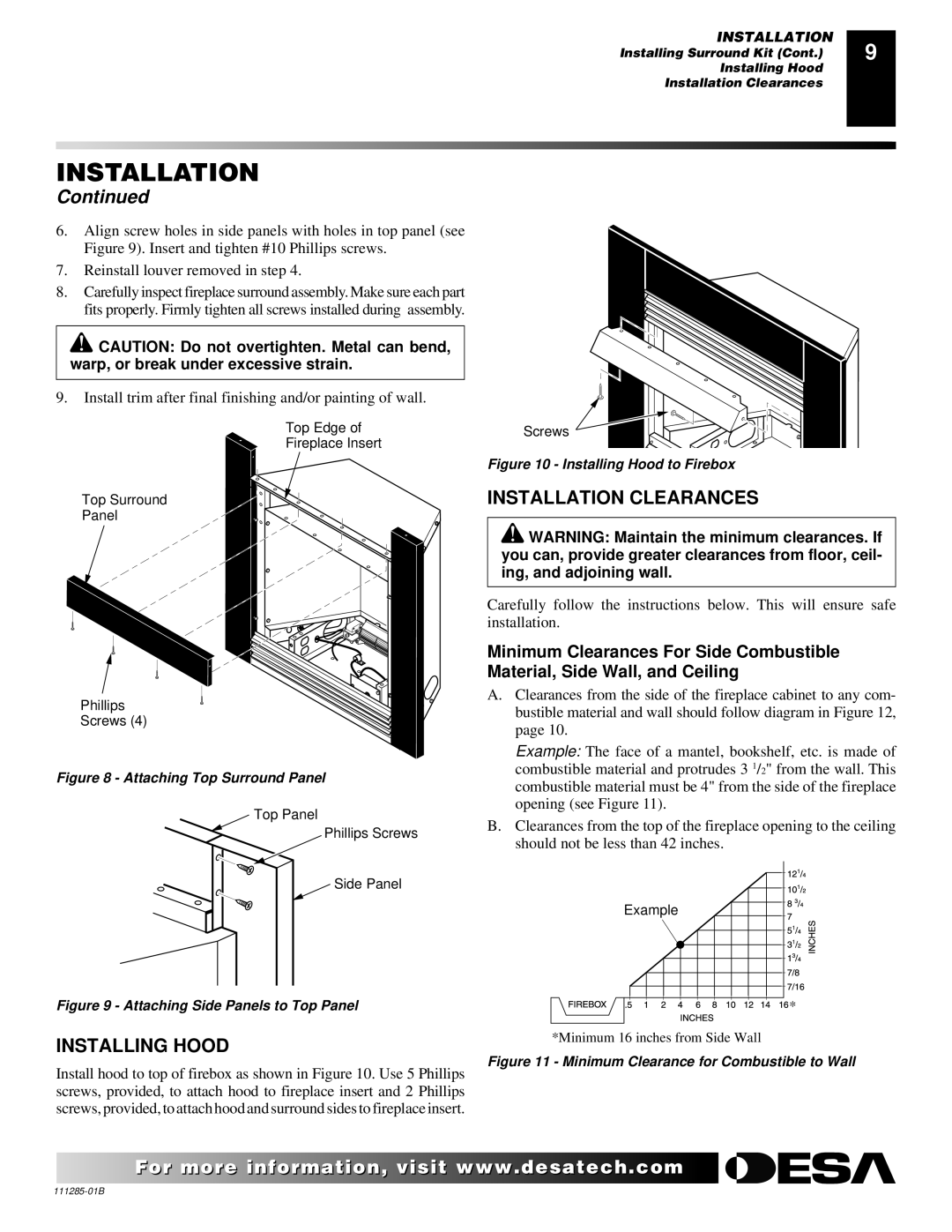 Desa VI33NR VI33PR installation manual Installing Hood, Installation Clearances 