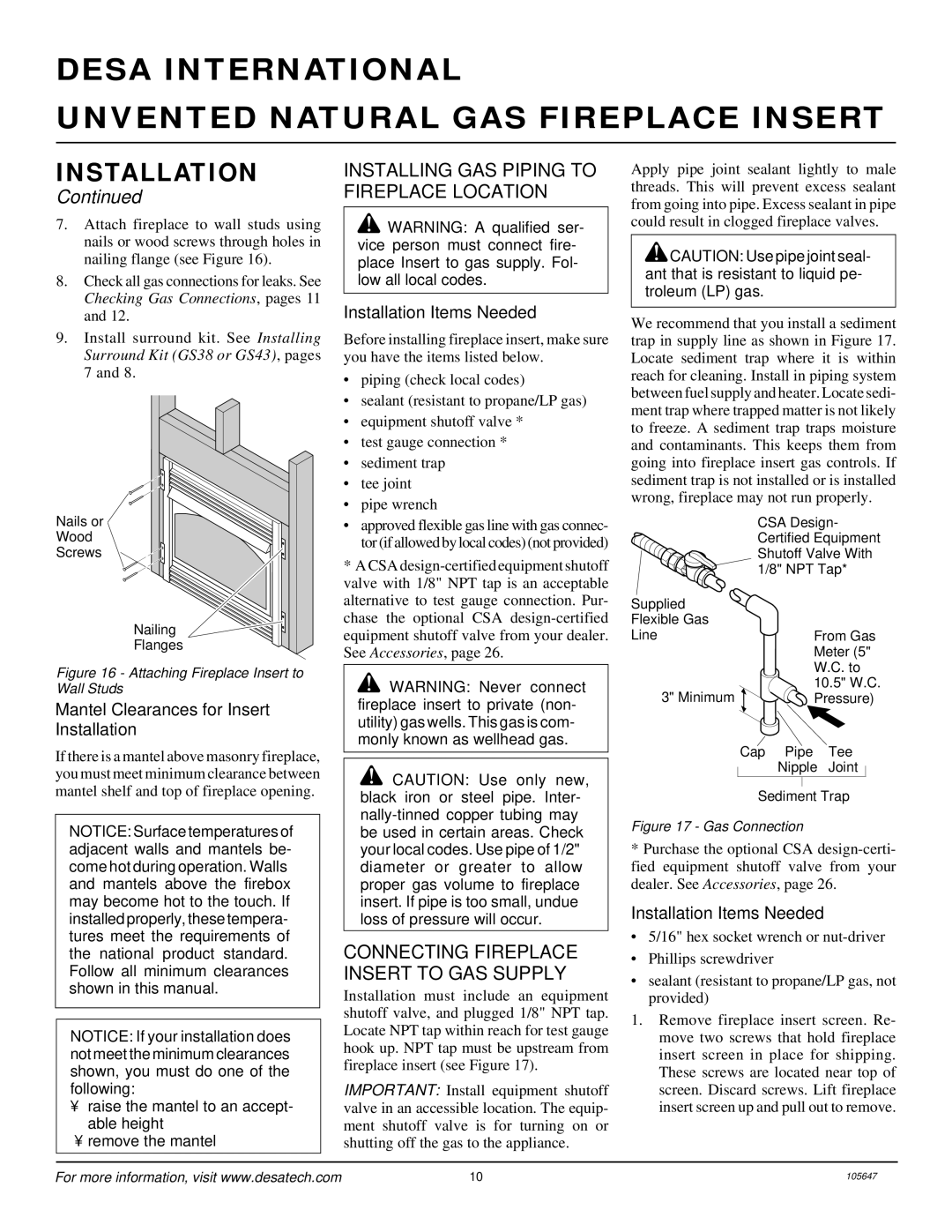 Desa VI33NR installation manual Installing GAS Piping to Fireplace Location, Connecting Fireplace Insert to GAS Supply 