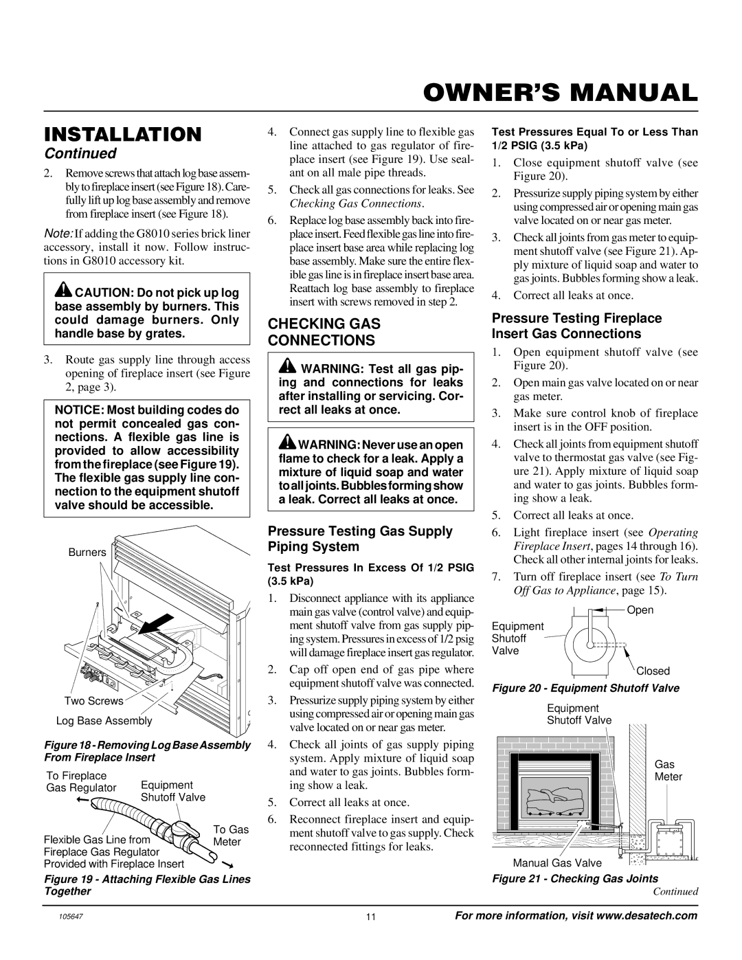 Desa VI33NR installation manual Checking GAS Connections, Pressure Testing Gas Supply Piping System 