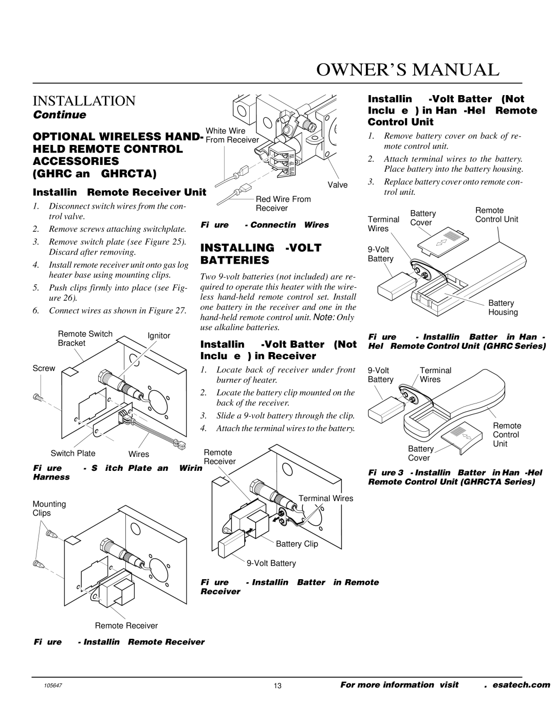 Desa VI33NR installation manual Optional Wireless HAND- Held Remote Control Accessories, Installing 9-VOLT Batteries 