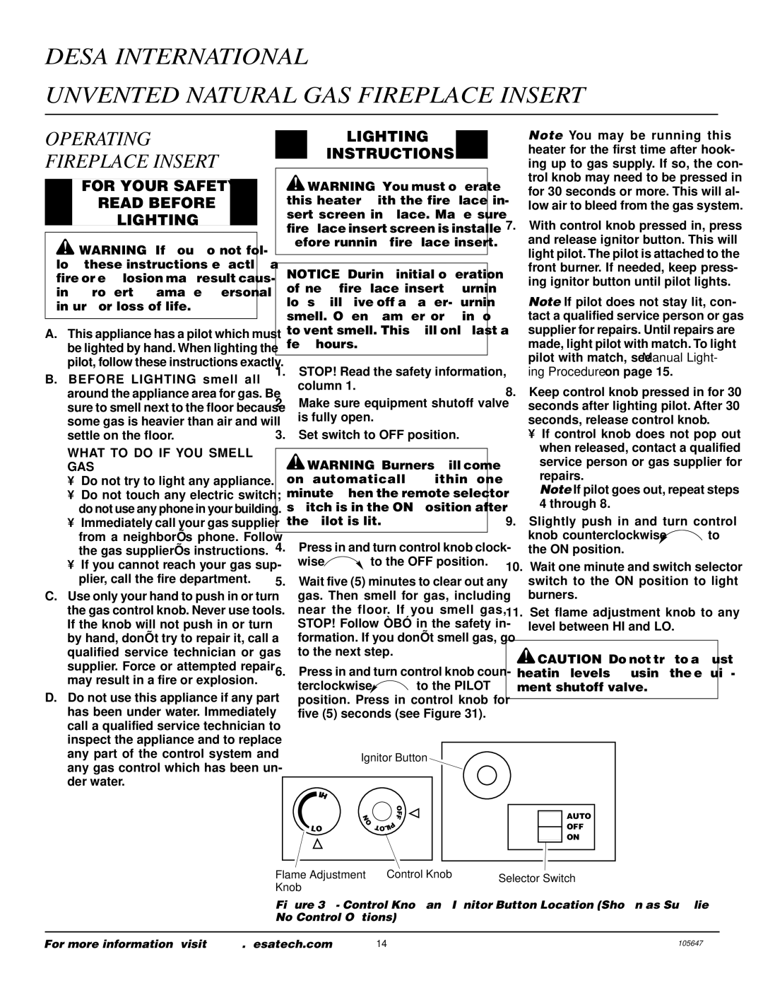 Desa VI33NR installation manual Operating Fireplace Insert, For Your Safety Read Before Lighting, Lighting Instructions 