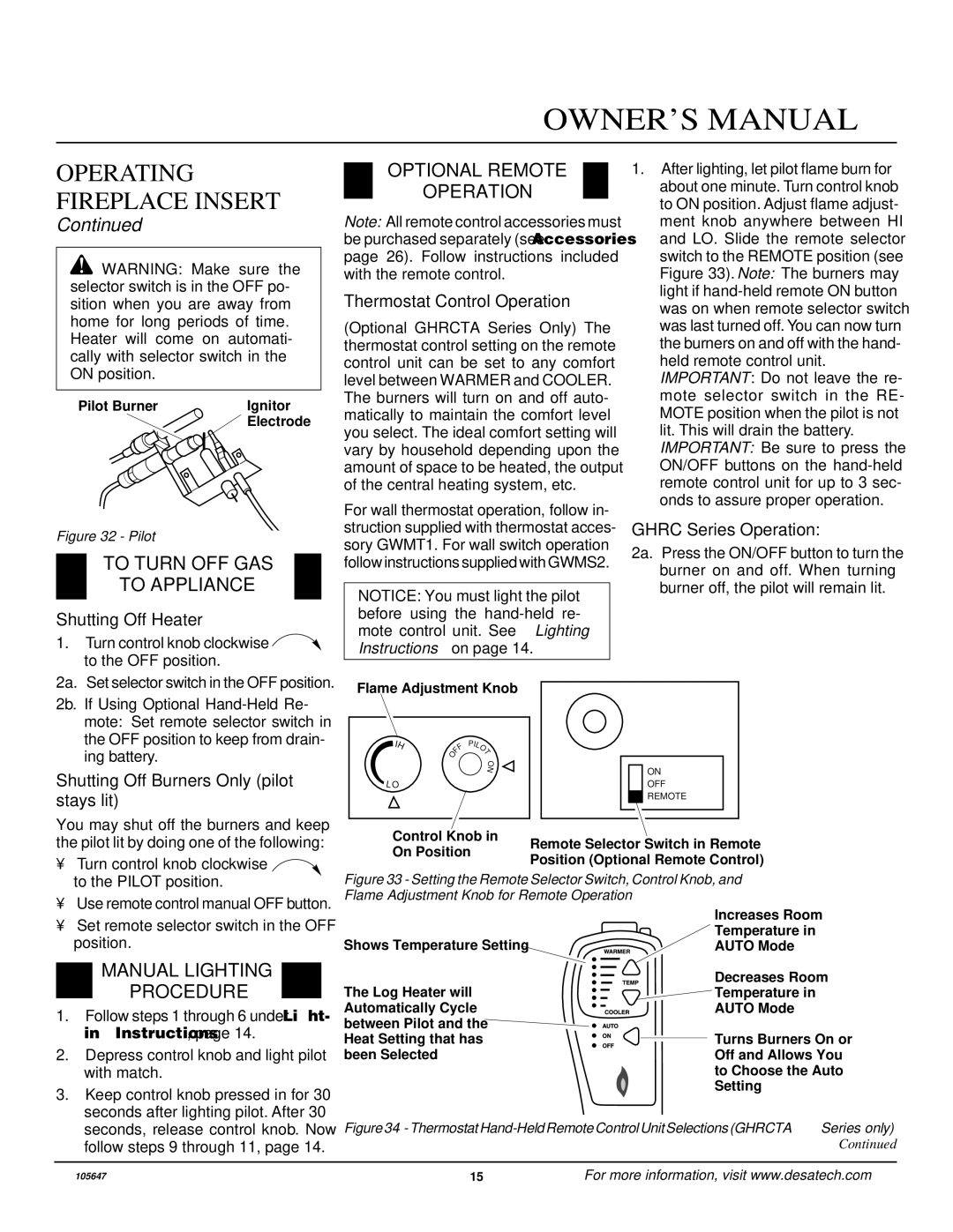 Desa VI33NR installation manual To Turn OFF GAS To Appliance, Optional Remote Operation, Manual Lighting Procedure 