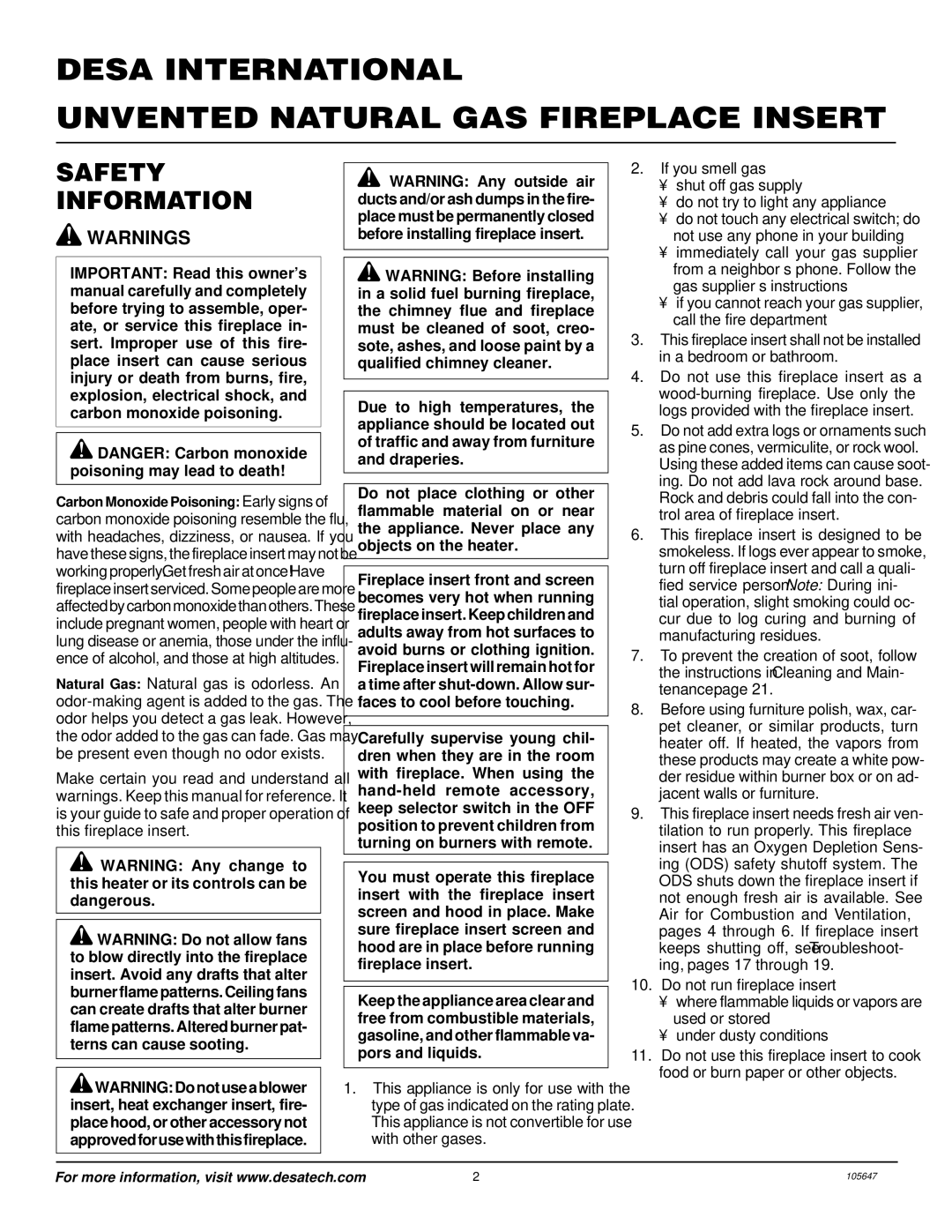 Desa VI33NR installation manual Desa International Unvented Natural GAS Fireplace Insert, Safety Information 