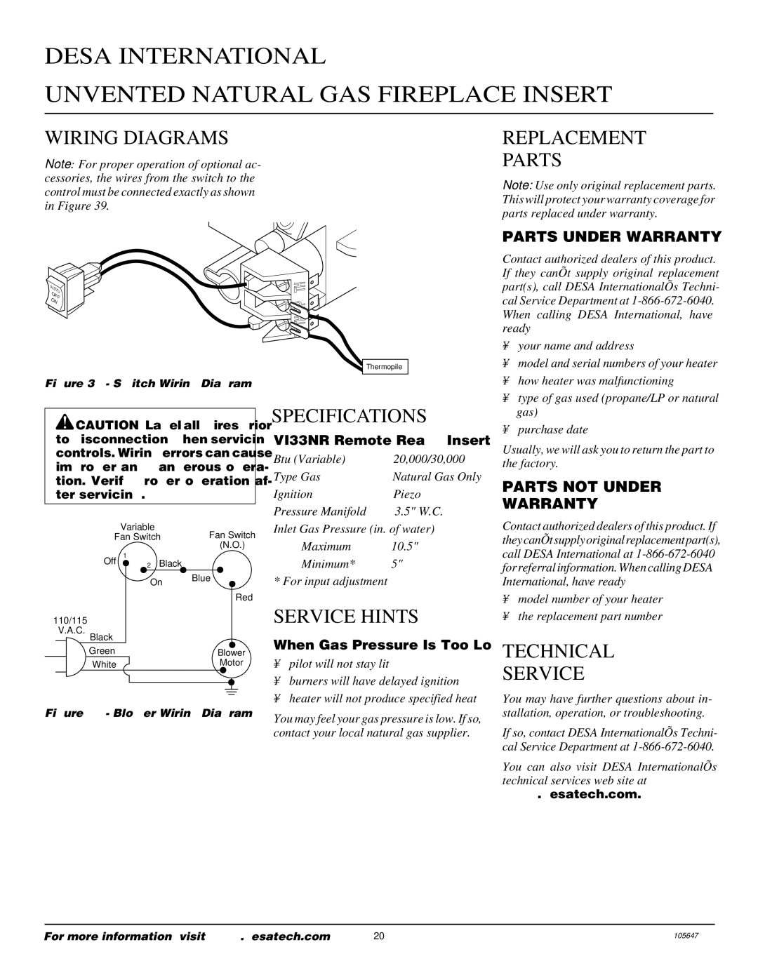 Desa VI33NR installation manual Wiring Diagrams Replacement Parts, Specifications, Service Hints, Technical Service 