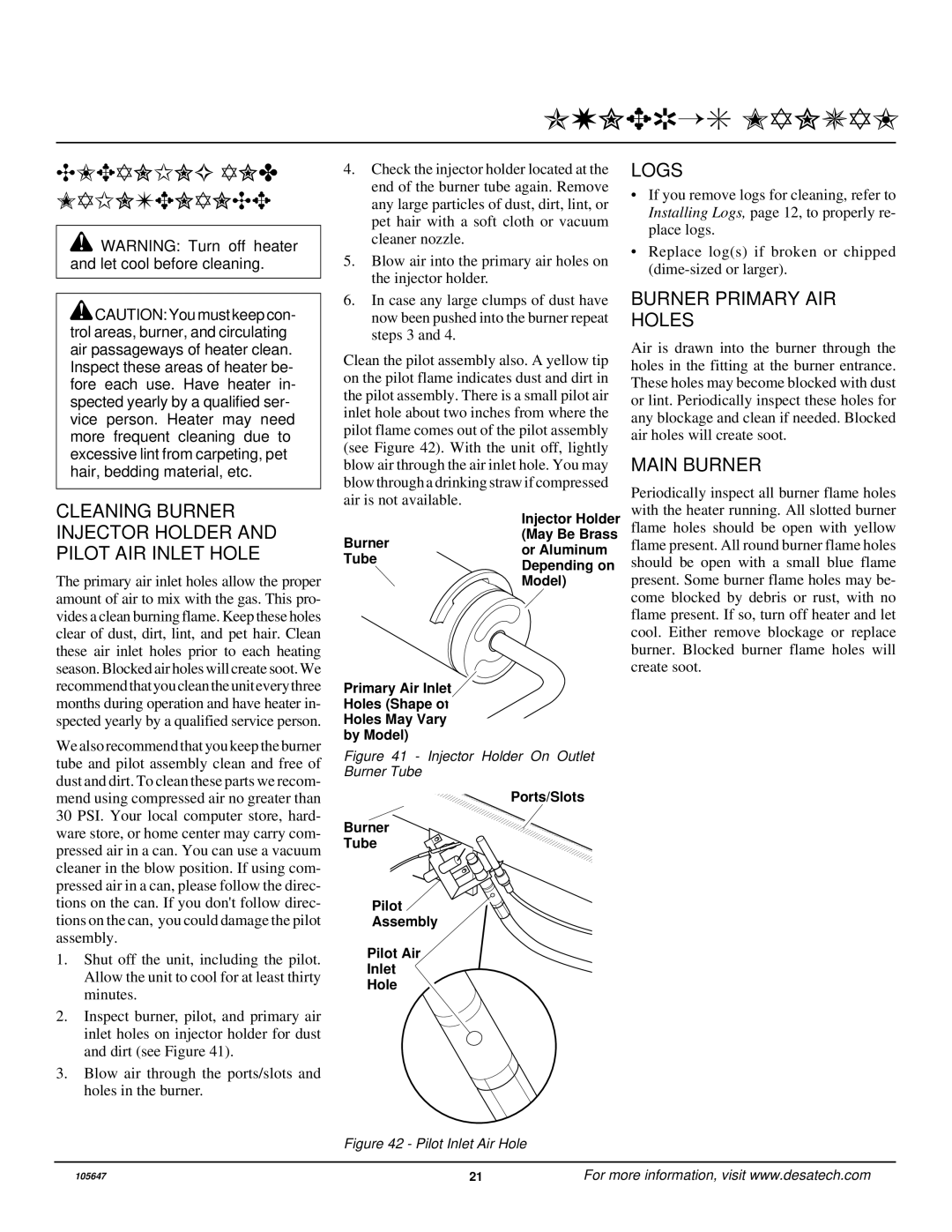 Desa VI33NR installation manual Cleaning and Maintenance, Cleaning Burner Injector Holder and Pilot AIR Inlet Hole, Logs 