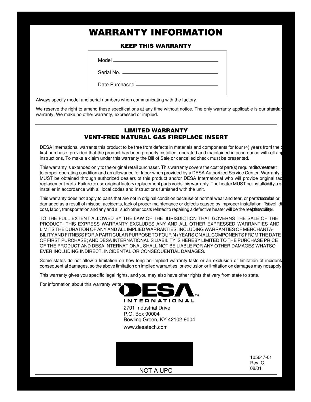 Desa VI33NR installation manual Warranty Information 