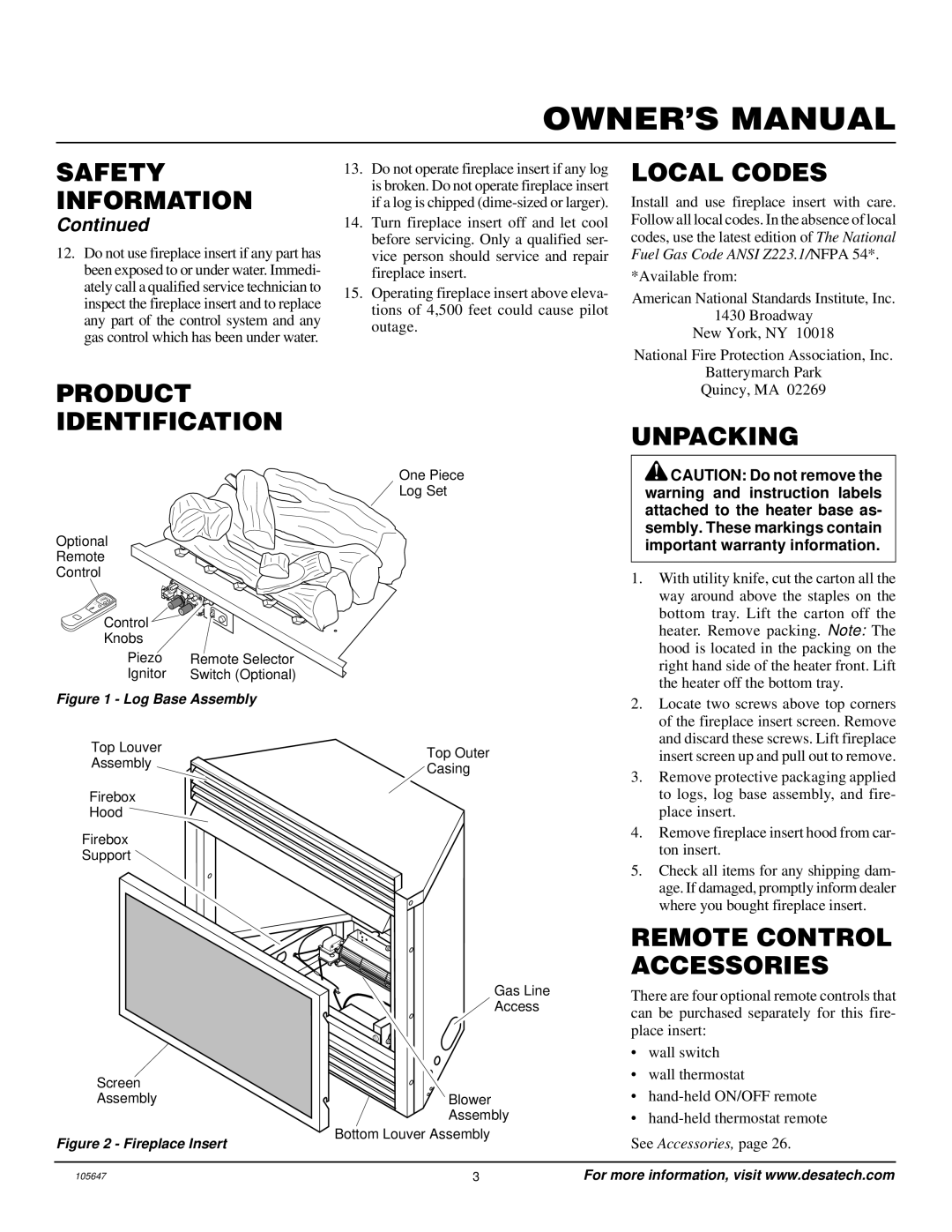 Desa VI33NR installation manual Local Codes, Product Identification, Unpacking, Remote Control Accessories 