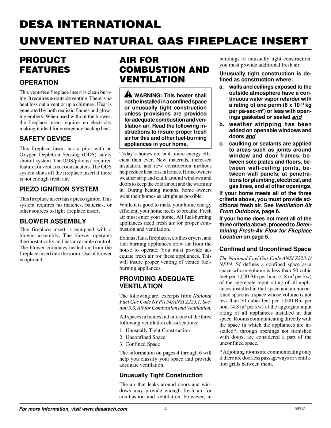 Desa VI33NR installation manual Product Features, AIR for Combustion and Ventilation 