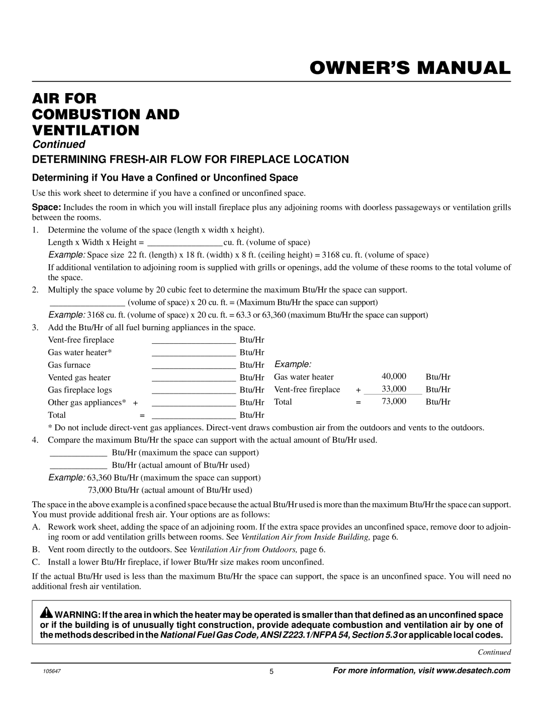 Desa VI33NR installation manual AIR for Combustion Ventilation, Determining FRESH-AIR Flow for Fireplace Location 