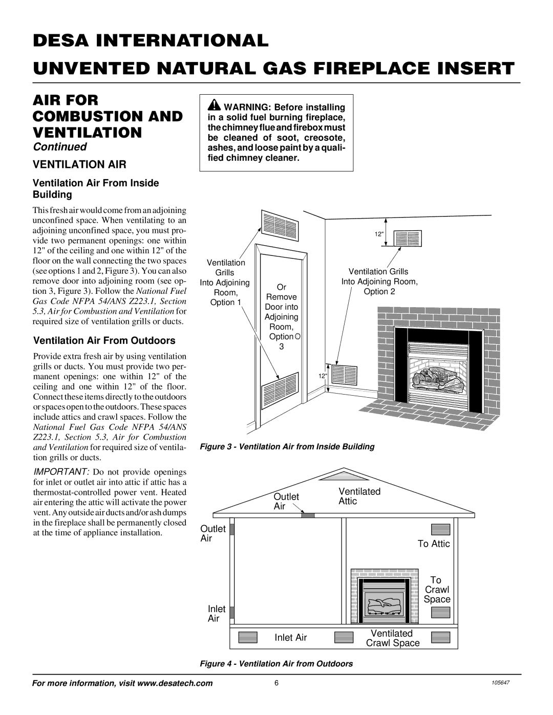 Desa VI33NR installation manual Ventilation AIR, Ventilation Air From Inside Building, Ventilation Air From Outdoors 