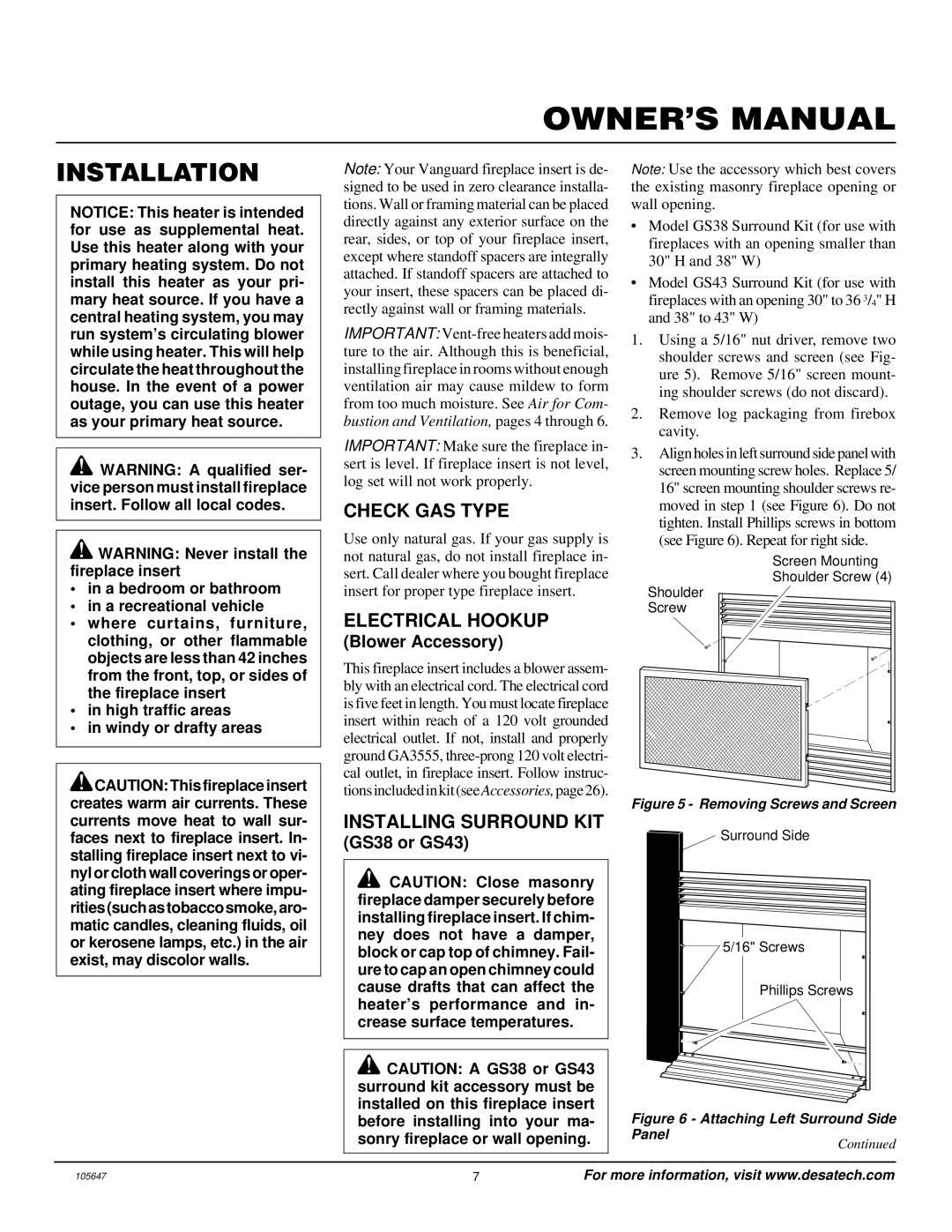 Desa VI33NR installation manual Installation, Check GAS Type, Electrical Hookup, Installing Surround KIT 