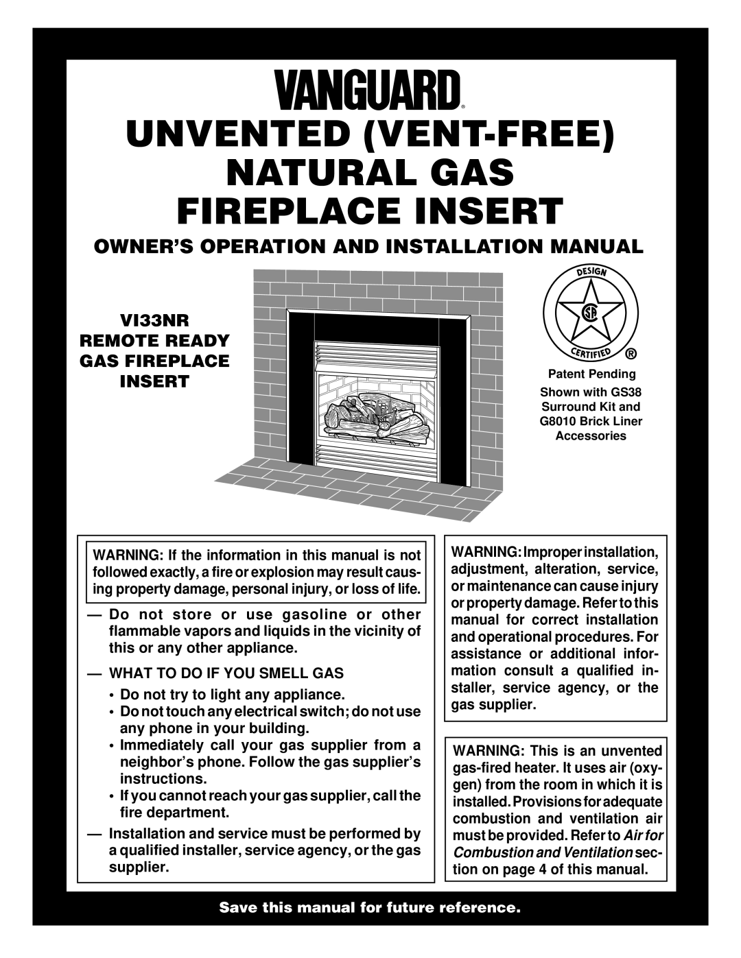 Desa VI33NR installation manual Owner’S Operation And Installation Manual, Unvented Vent-Free Natural Gas Fireplace Insert 