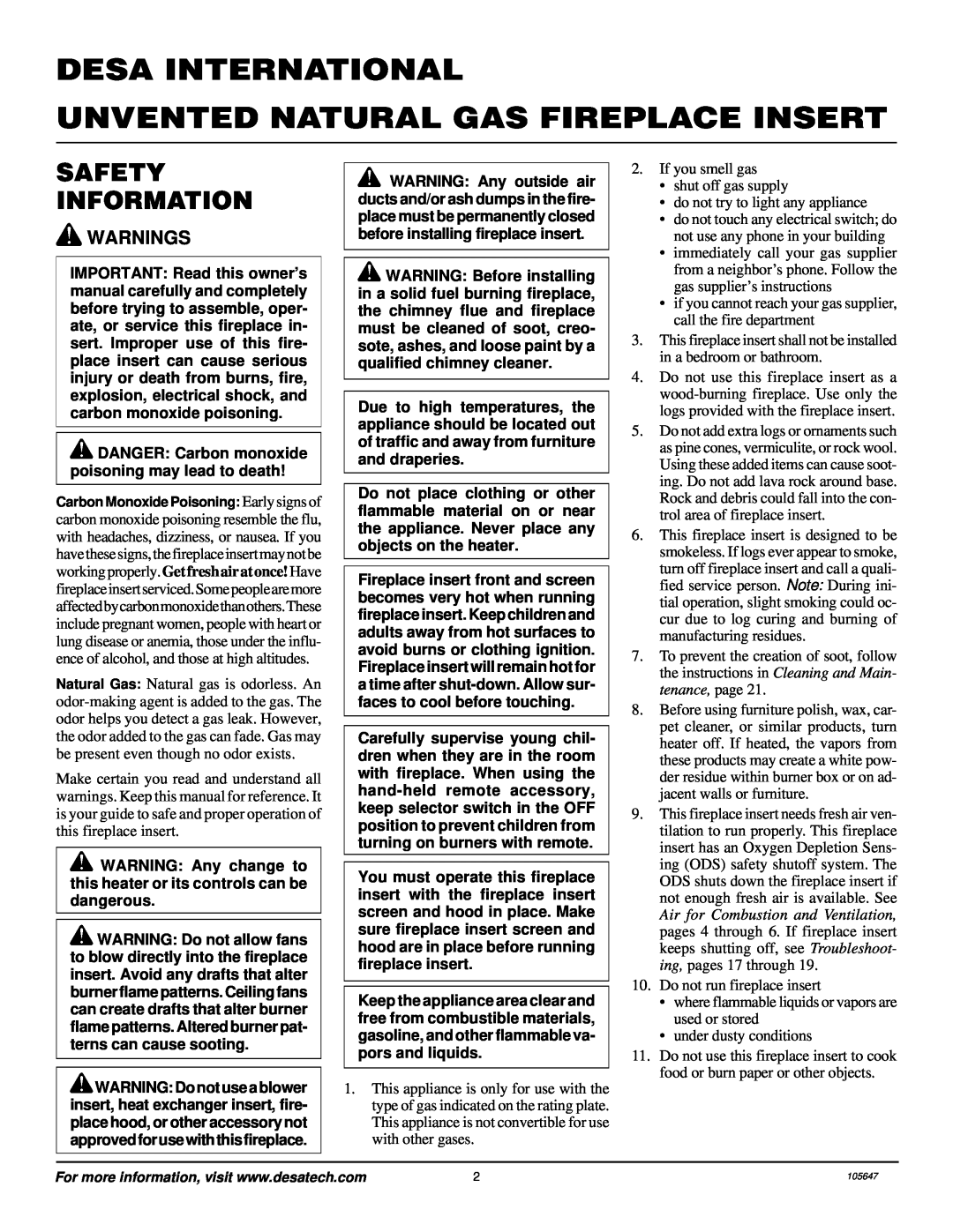 Desa VI33NR installation manual Desa International, Unvented Natural Gas Fireplace Insert, Safety Information 