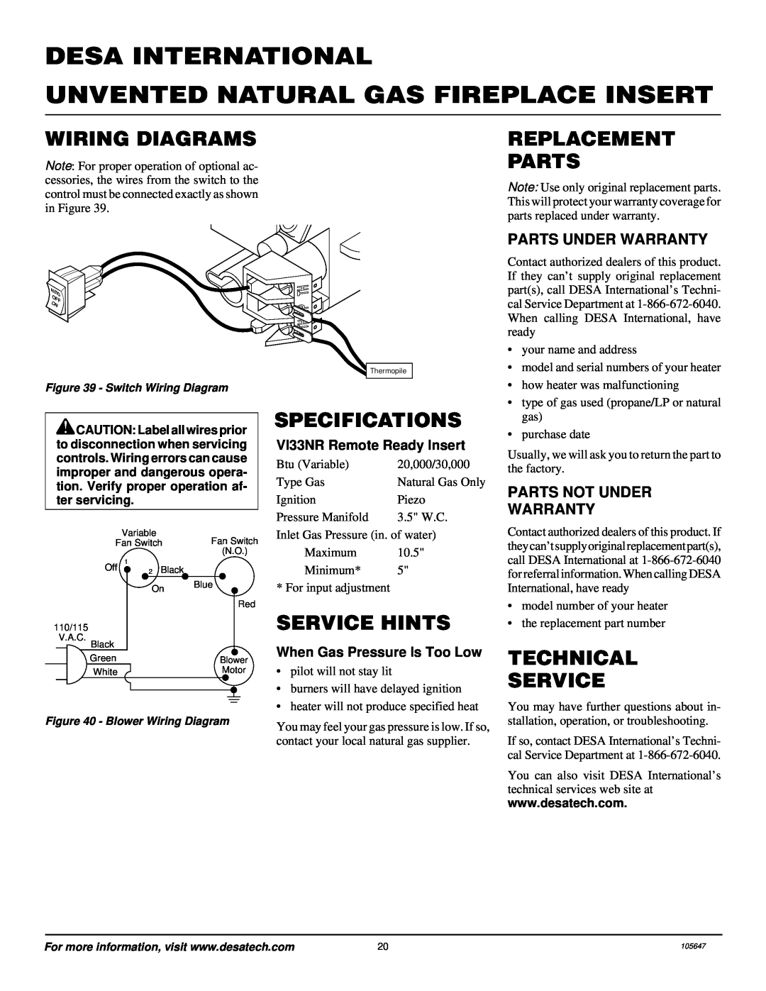 Desa VI33NR Wiring Diagrams, Replacement Parts, Specifications, Service Hints, Technical Service, Desa International 