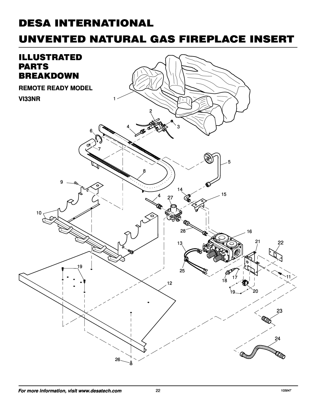Desa VI33NR Illustrated Parts Breakdown, Desa International, Unvented Natural Gas Fireplace Insert, 105647, I H Lo 