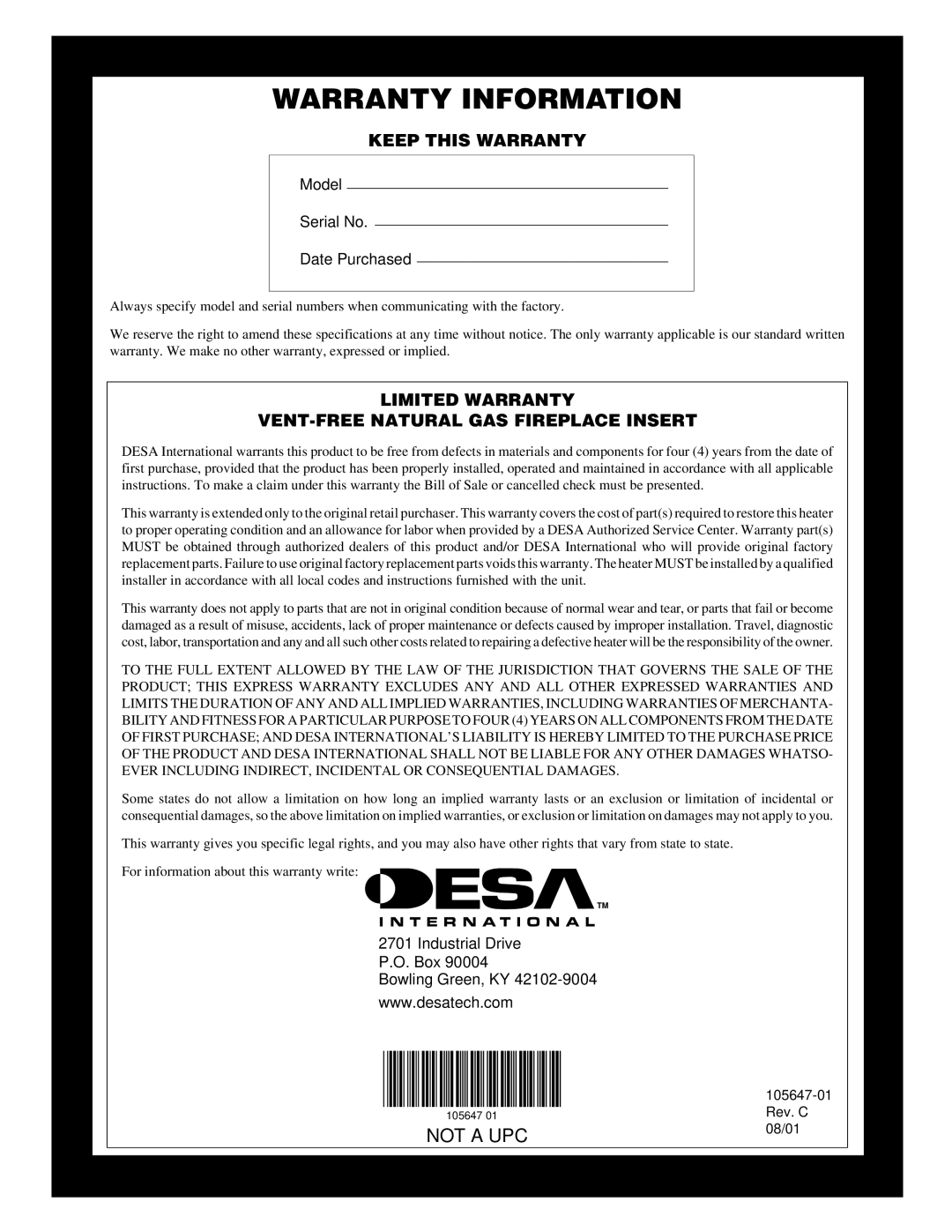 Desa VI33NR Warranty Information, Not A Upc, Keep This Warranty, Limited Warranty, Vent-Freenatural Gas Fireplace Insert 