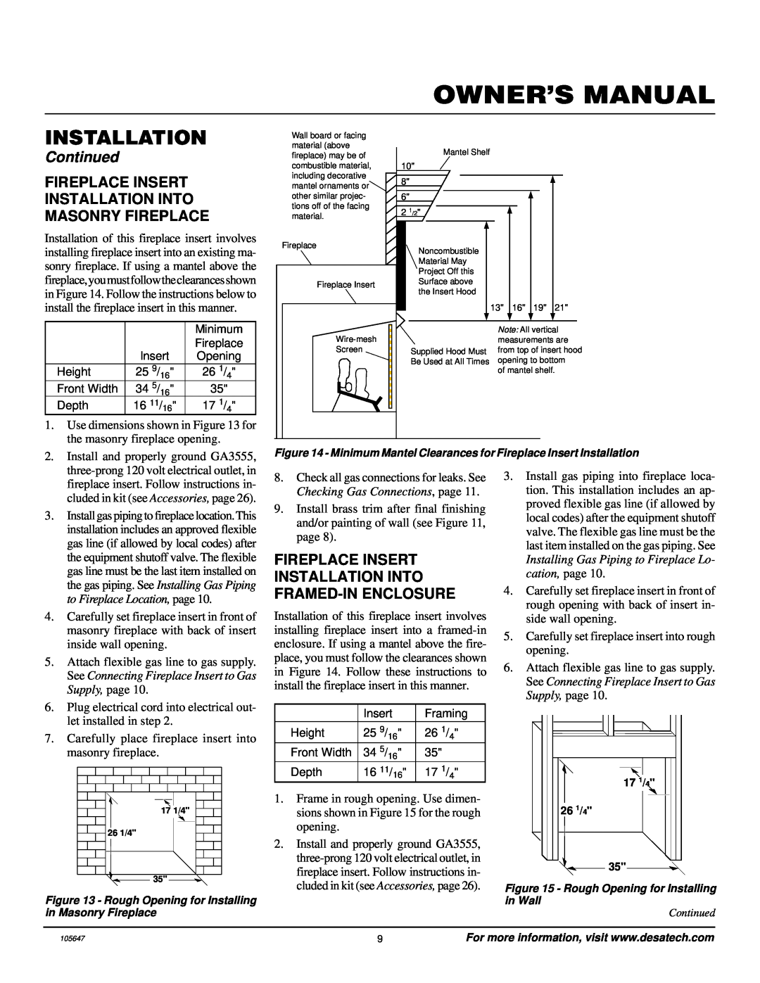 Desa VI33NR installation manual Owner’S Manual, Installation, Continued, the masonry fireplace opening 
