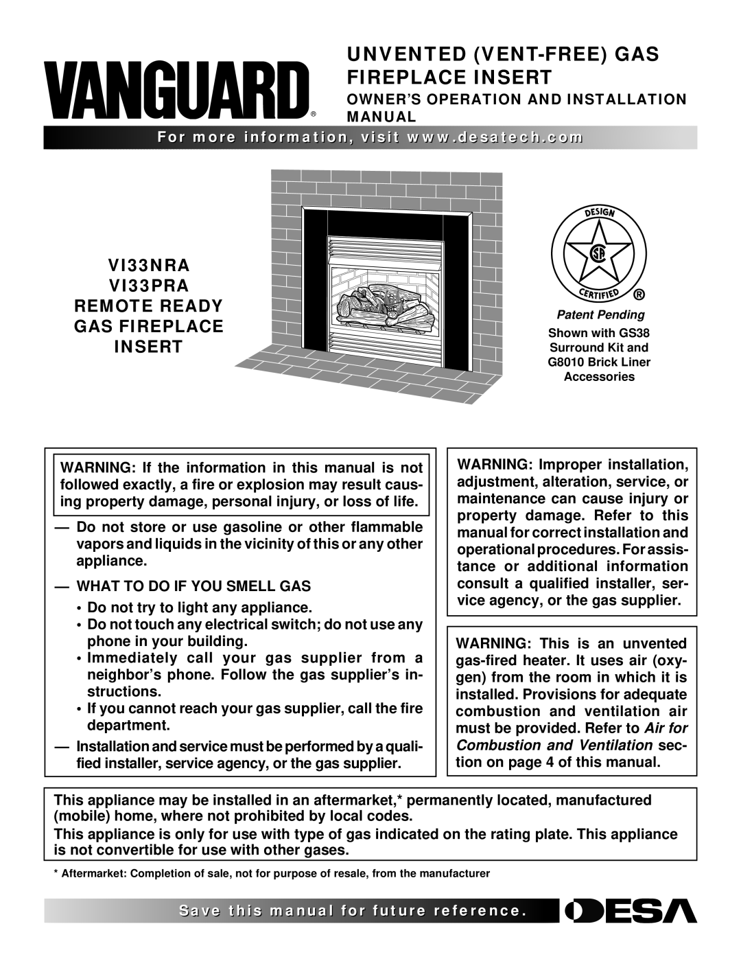 Desa VI33PRA installation manual Unvented VENT-FREE GAS Fireplace Insert, OWNER’S Operation and Installation Manual 