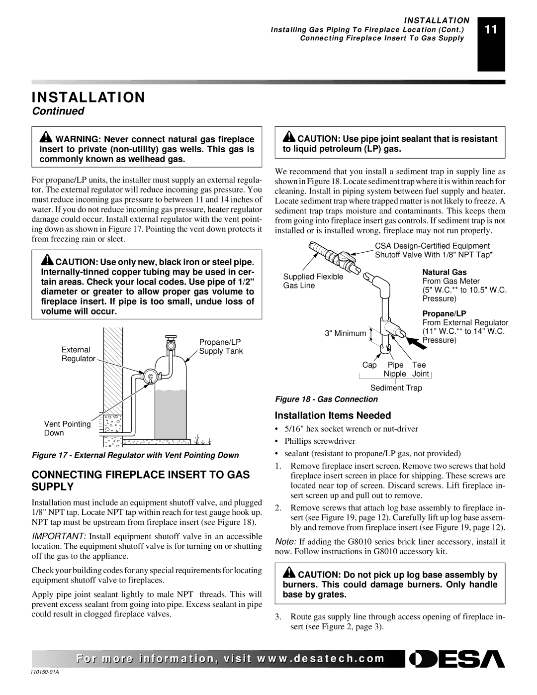 Desa VI33PRA, VI33NRA installation manual Connecting Fireplace Insert to GAS Supply, Propane/LP 